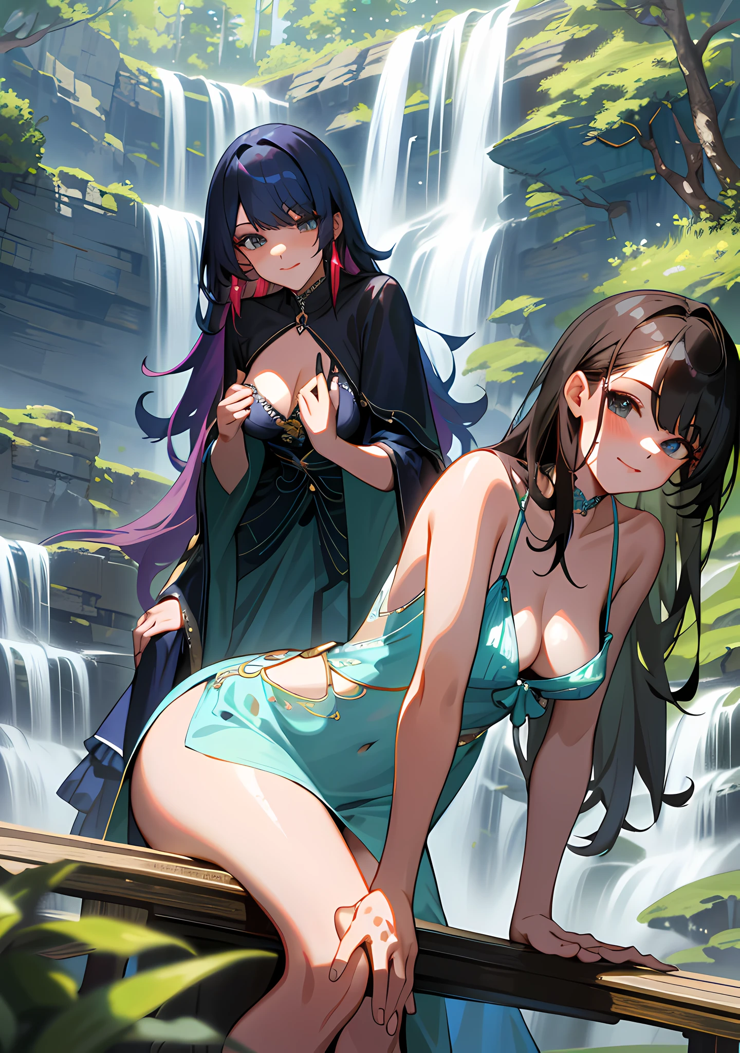 "Gorgeous and high-quality, highly detailed masterpiece that features two charming girls sitting near a waterfall. Creating a seductive atmosphere." small breasts, (leaning forward:1.3), (beautiful nipple slip:1.1), cleavage, fondling, looking at viewer