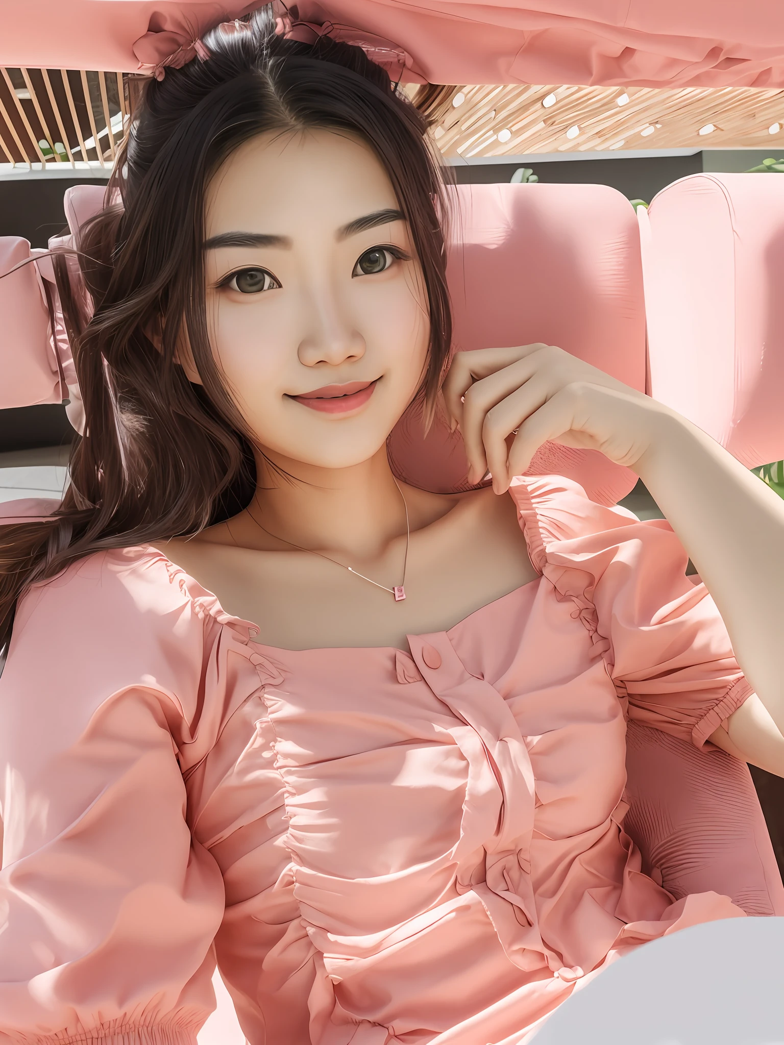 araffe woman sitting in a chair with a pink top on, xintong chen, wenfei ye, sakimichan, korean girl, li zixin, trending at cgstation, xision wu, zmonzheng, cute woman, chinese girl, sakimi chan, cute girl, ruan cute vtuber, zeng fanzh