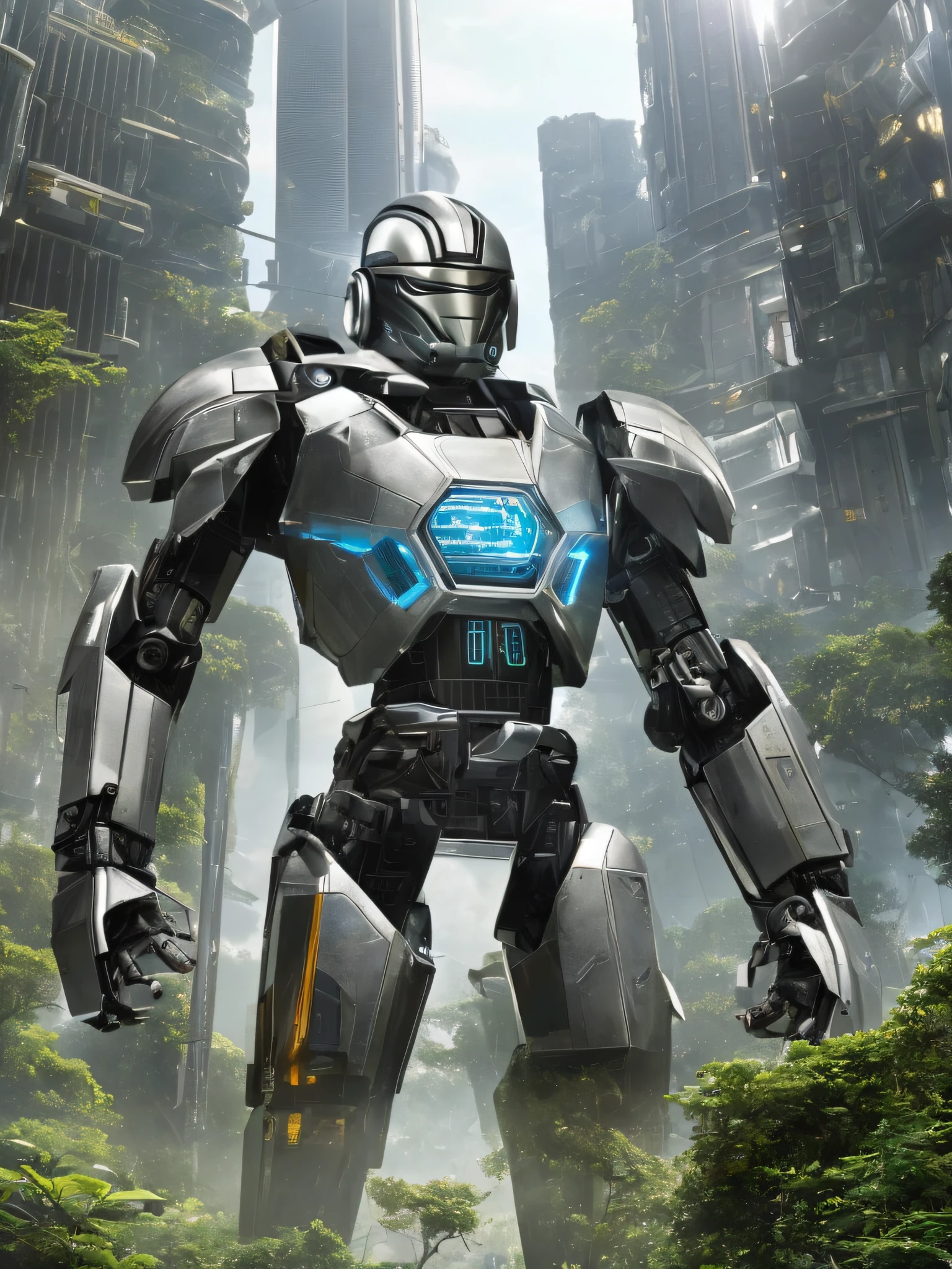 An incredibly detailed depiction of a futuristic humanoid robot, inspired by the Star Wars universe. Its aerodynamic and modern features are accentuated by advanced technological elements and an imposing construction. While he stands out in the midst of the lush jungle, his presence intrigues and delights --auto --s2