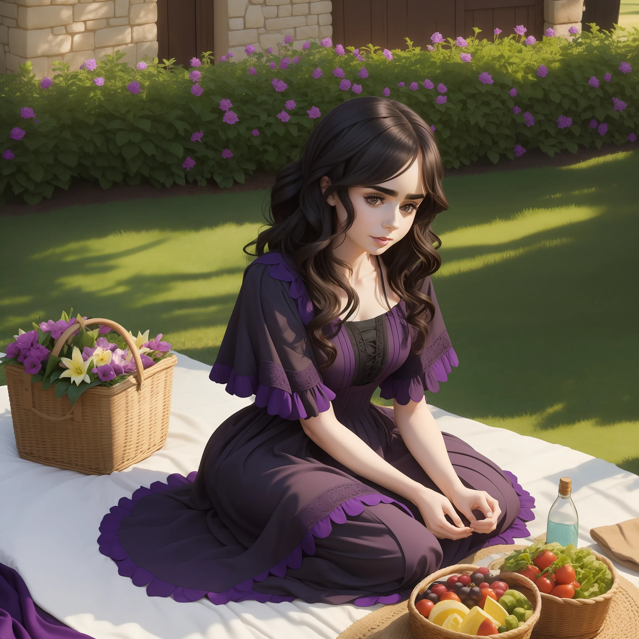 Lily Collins black curly hair wearing detailed medieval purple dress arranging a picnic towel