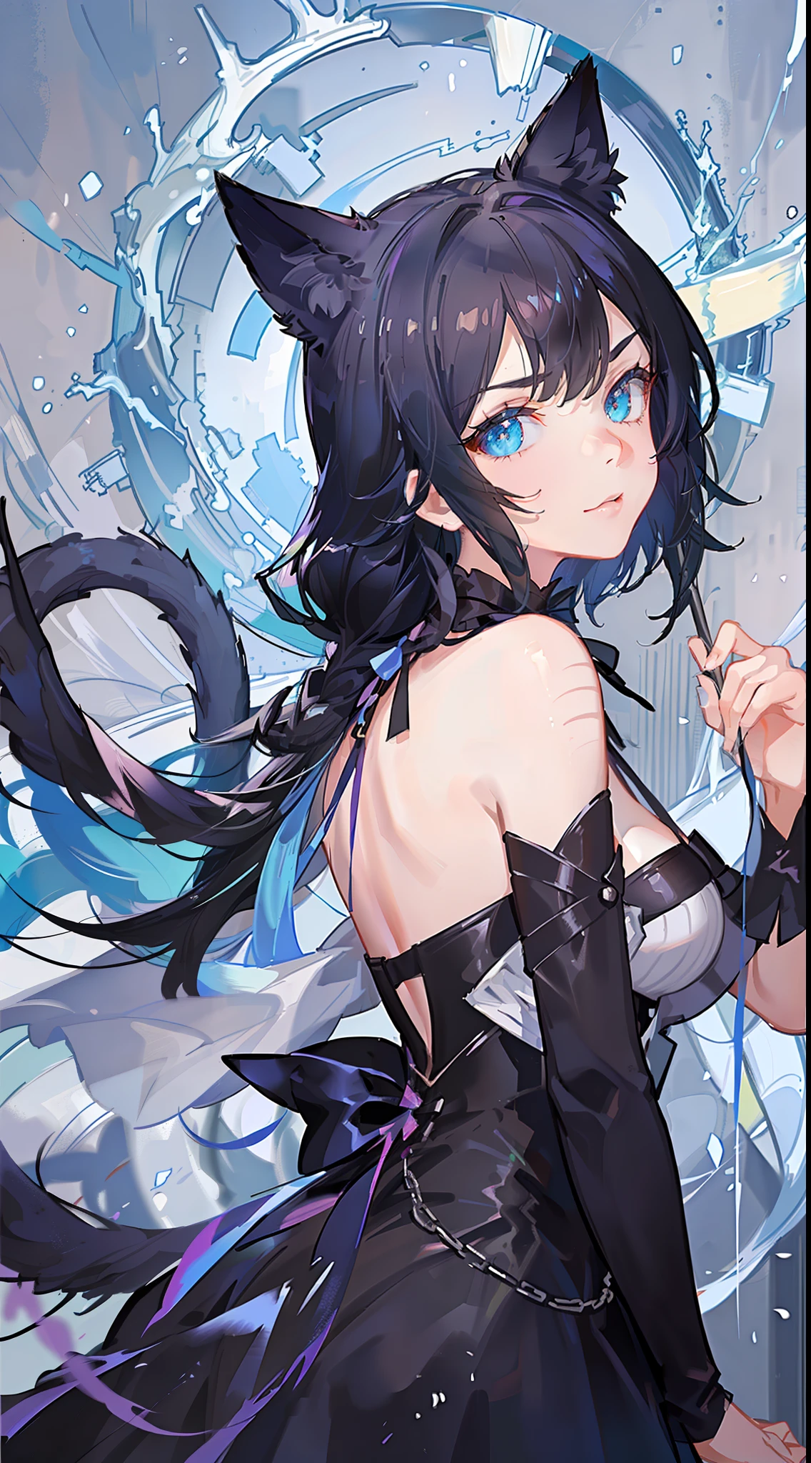 Adult girl, short black hair, turquoise eyes, cat ears and tail, black rich beautiful dress, open shoulders, serious look, masterpiece, high quality