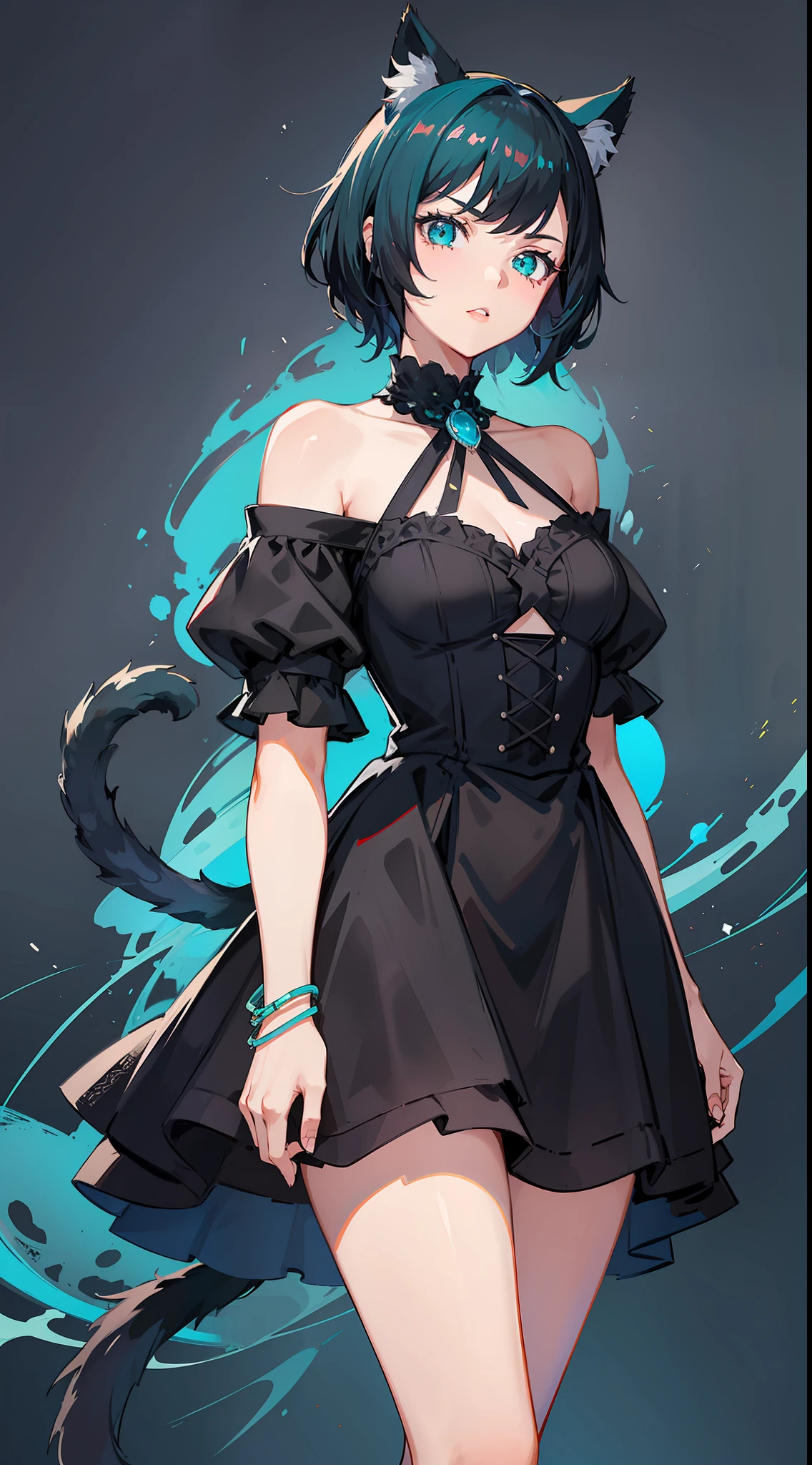 Adult girl, short black hair, turquoise eyes, cat ears and tail, black rich beautiful dress, open shoulders, serious look, masterpiece, high quality