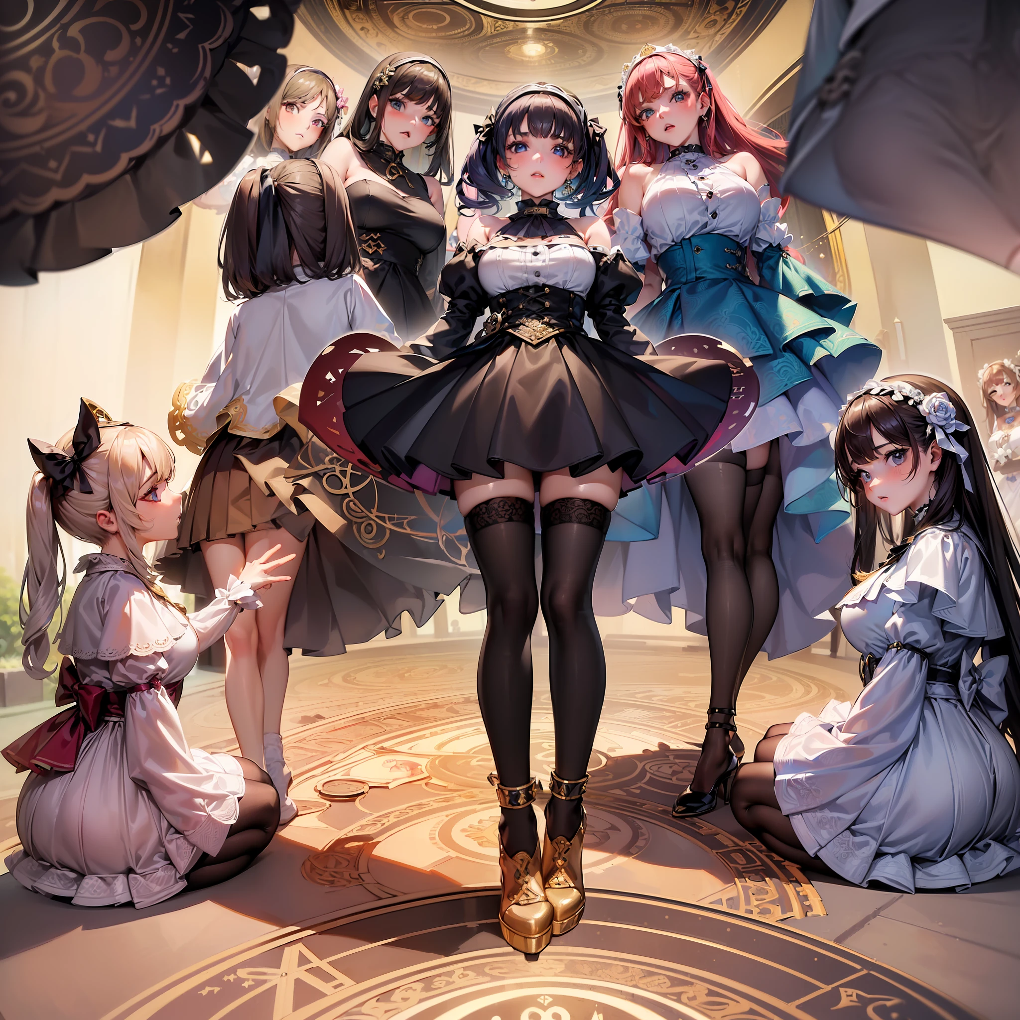 (masterpiece), (best quality), (ultra detailed creation), ((((5 girls standing arround me on a circle looking down at me while i'm crouch on the middle)))), (((Pov)))