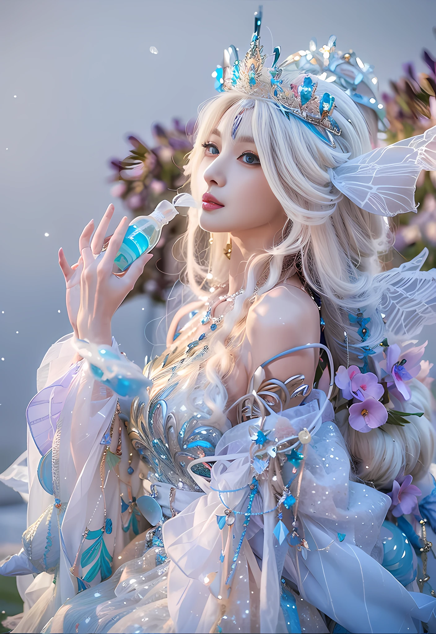 there is a woman dressed in a fairy costume holding a bottle, water fairy, closeup fantasy with water magic, ethereal fantasy, fairy aesthetics, astral fairy, beautiful and elegant elf queen, ethereal fairytale, beautiful ancient frost witch, fantasy aesthetic!, fairycore, anime cosplay, ethereal beauty, fantasy art style, anime girl cosplay, of ethereal fantasy, beautiful fairy