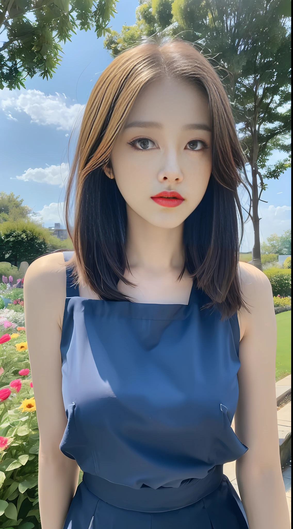 ((Best Quality, 8K, Masterpiece:1.3)), Focus:1.2, Perfect Body Beauty:1.4, Buttocks:1.2, ((Layered Haircut 1.2)), (Garden:1.3), Summer Fashion Mesh Stick: 1.1, Short Skirt: 1.1, Highly detailed face and skin texture, Fine eyes, Double eyelids, Whitening skin, Long hair, (Shut up: 1.3), (Expressionless: 1.3), Blue sky and white clouds,