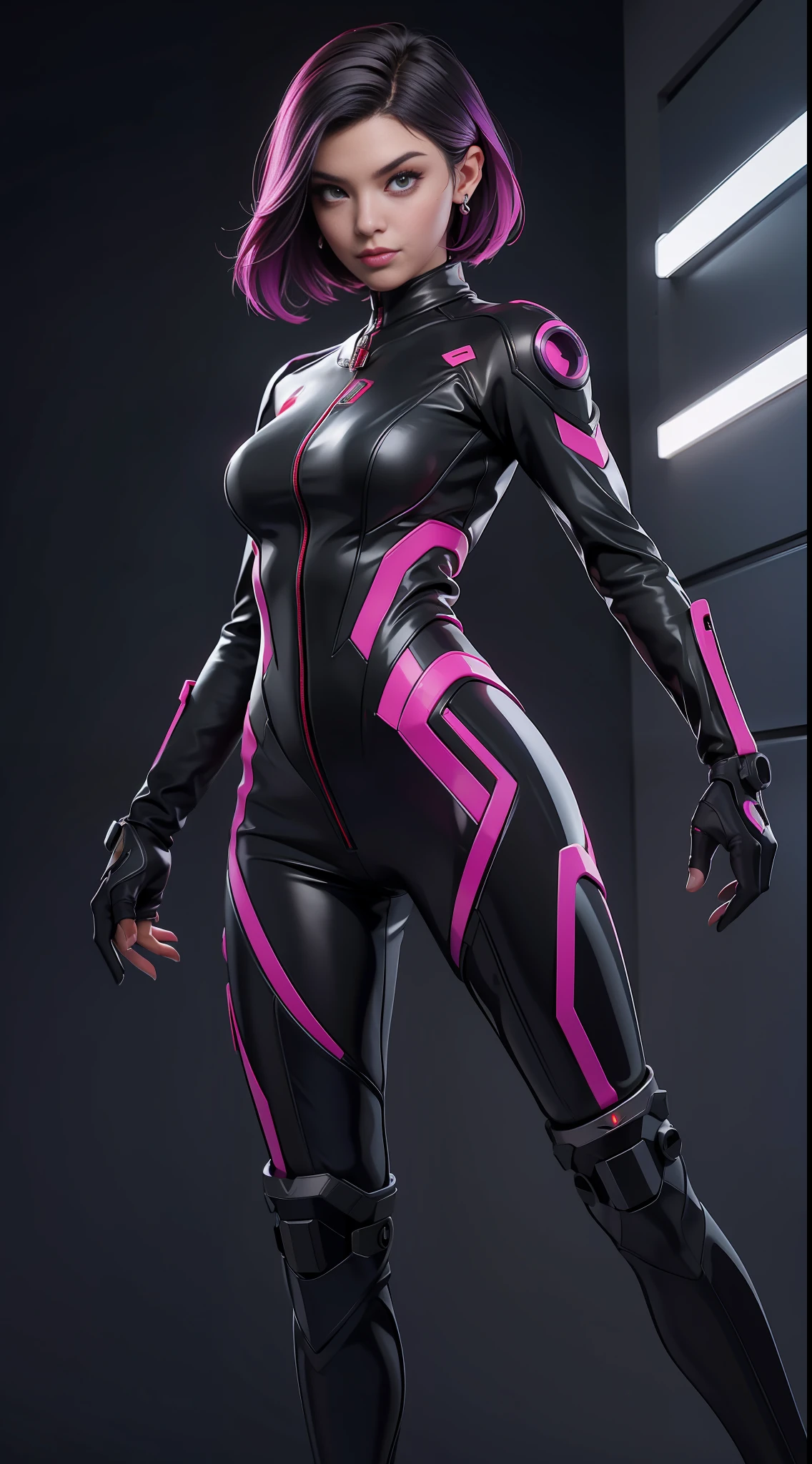 solo, super fine photo, portrait Unreal Engine 5 8K UHD of beautiful and aesthetic girl (girl: 1.3), gorgeous, grey short hair, red and black color scheme tight cybernetic latex catsuit, cyberpunk assassin, cyberpunk full face mask, earrings, cybernetic long heel, cybernetic long glove, futuristic design, purple neon lights details, beautiful make up, best quality, masterpiece, official art, unified 8k wallpaper, super detailed, sharp focus, dynamic pose, body parts, Power Rangers costume