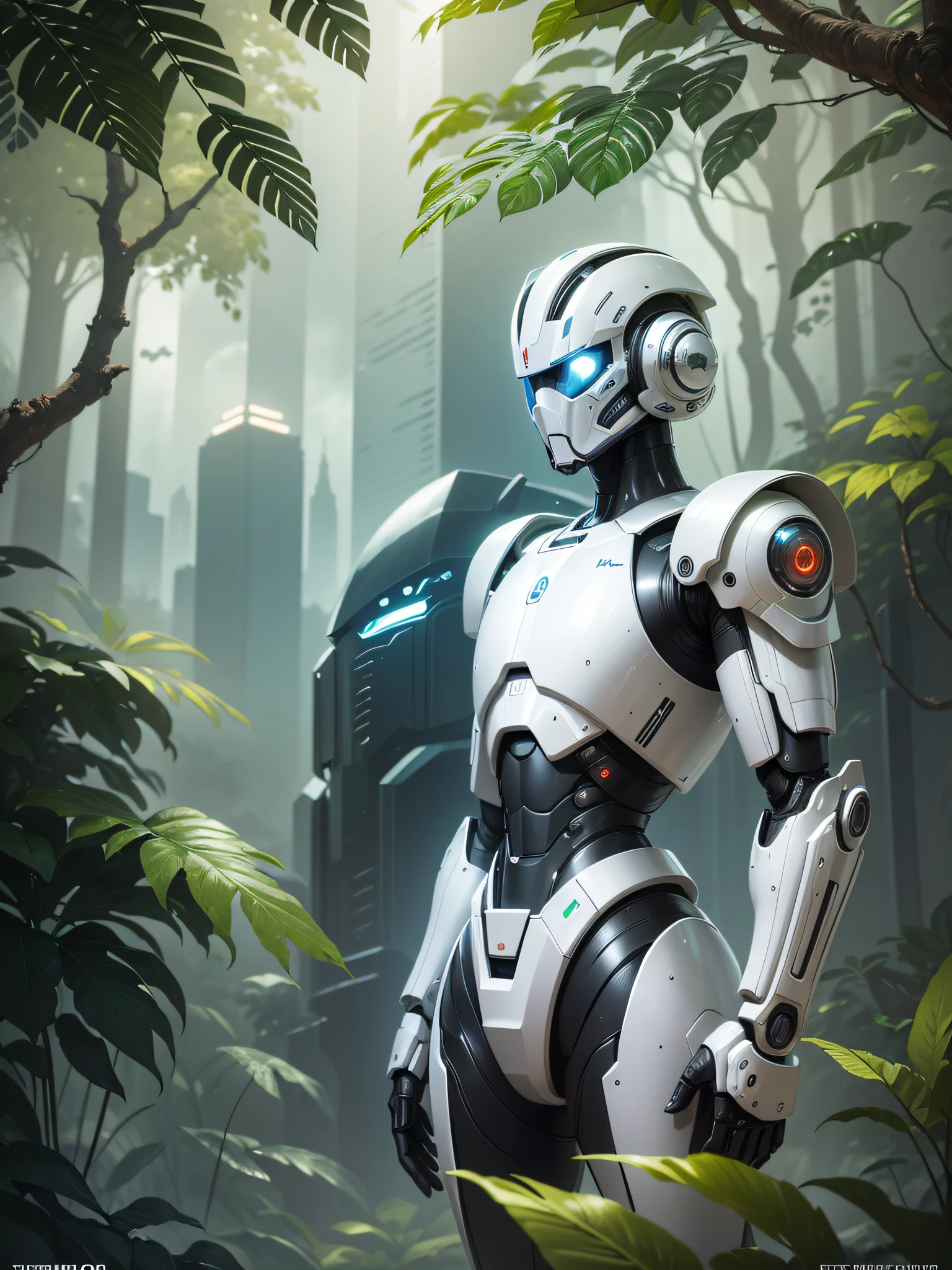 An incredibly detailed depiction of a futuristic humanoid robot, inspired by the Star Wars universe. Its aerodynamic and modern features are accentuated by advanced technological elements and an imposing construction. While he stands out in the midst of the lush jungle, his presence intrigues and delights --auto --s2