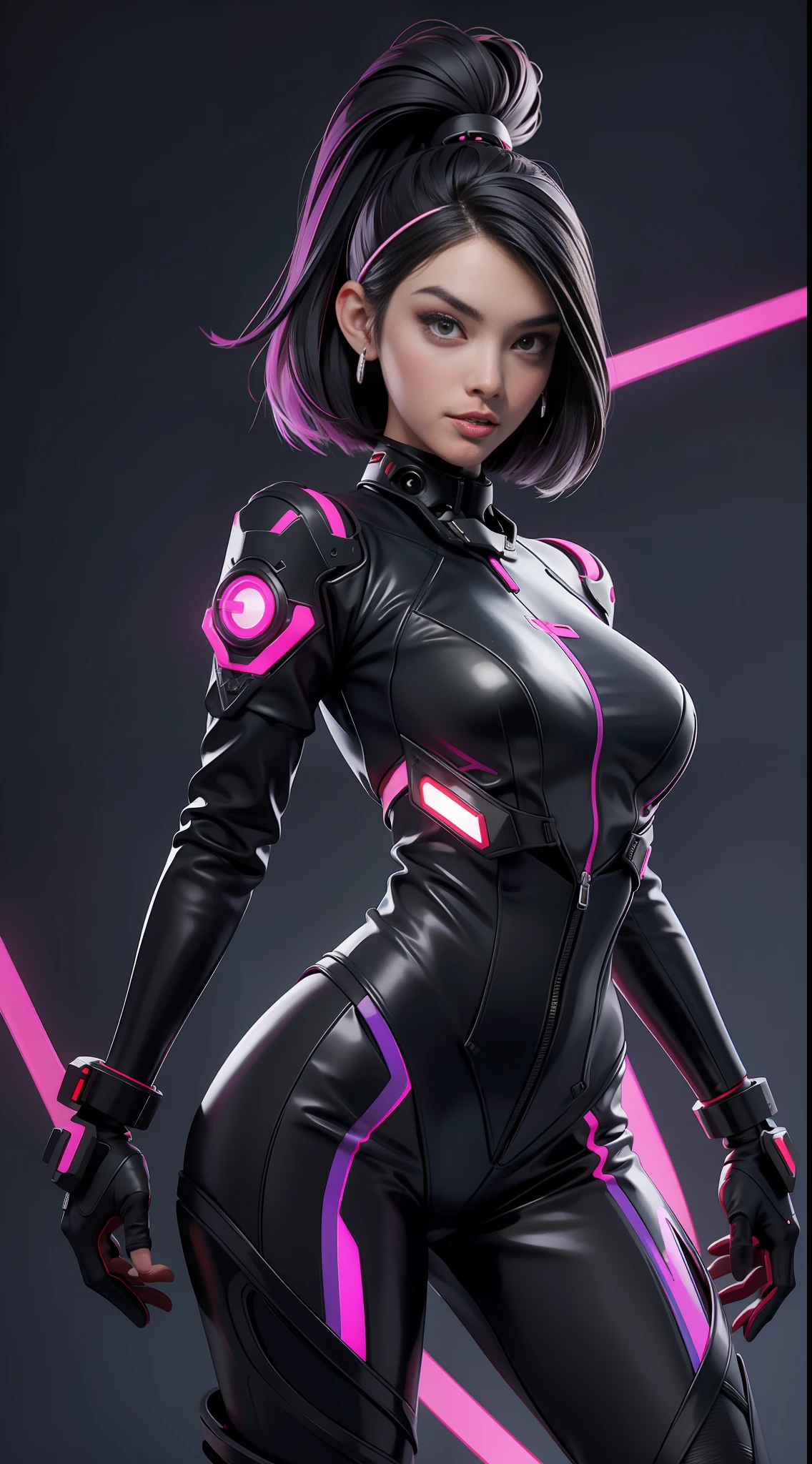 solo, super fine photo, portrait Unreal Engine 5 8K UHD of beautiful and aesthetic girl (girl: 1.3), gorgeous, grey short hair, red and black color scheme tight cybernetic latex catsuit, cyberpunk biker girl, cyberpunk full face mask, earrings, cybernetic long heel, cybernetic long glove, futuristic design, purple neon lights details, beautiful make up, best quality, masterpiece, official art, unified 8k wallpaper, super detailed, sharp focus, dynamic pose, body parts