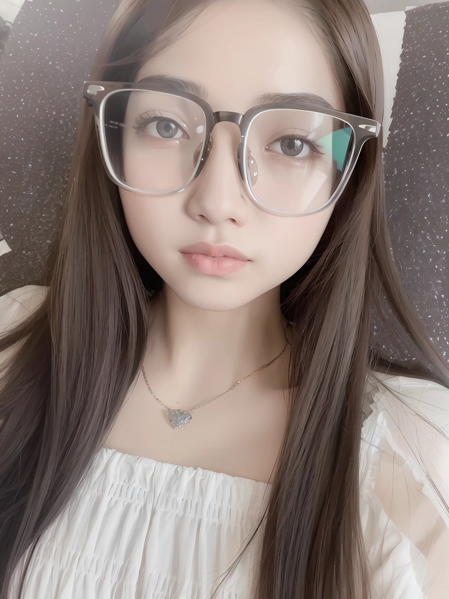 arafed woman wearing glasses and a white top sitting on a chair, wearing thin large round glasses, wearing square glasses, with square glasses, spectacled, li zixin, with glasses, clear cute face, transparent glasses, glasses glasses, belle delphine, eyeglasses, ulzzang, glasses, young cute wan asian face, clear lips and high quality