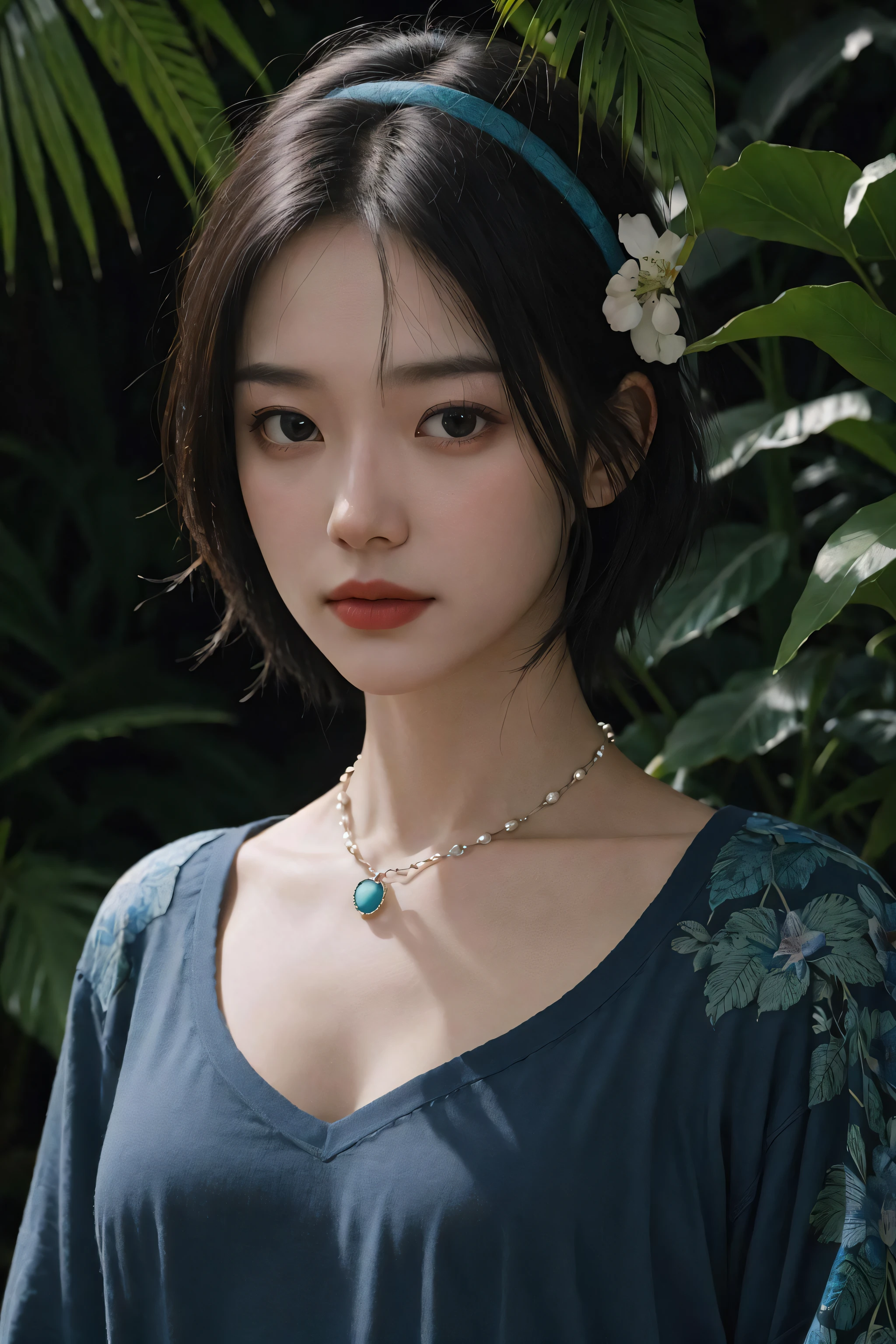 fashion photography portrait of woman avatar, 1girl in blue lush Alien Rainforest with flowers and birds, fantasy, octane render, hdr, Dolby Vision, (intricate details, hyperdetailed:1.2), (natural skin texture, hyperrealism, soft light:1.2), fluffy short hair, , sharp focus, night, necklace, Chinese mythology, cleavage, medium breasts, sci-fi headband, looking at viewer, best quality, perfect body,
