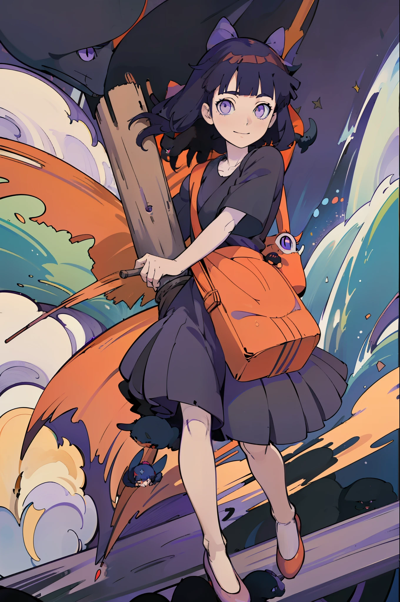 (masterpiece:1.4), (best quality:1.4), (high resolution:1.4),1girl, kiki, black robe, (red hair bow:1), messenger bag, looking at viewer, smile,   black_cat, red shoes, (blunt bangs:1.3), (dark blue hair:1.3), (purple eyes:1.3), hinata/(boruto/), long hair