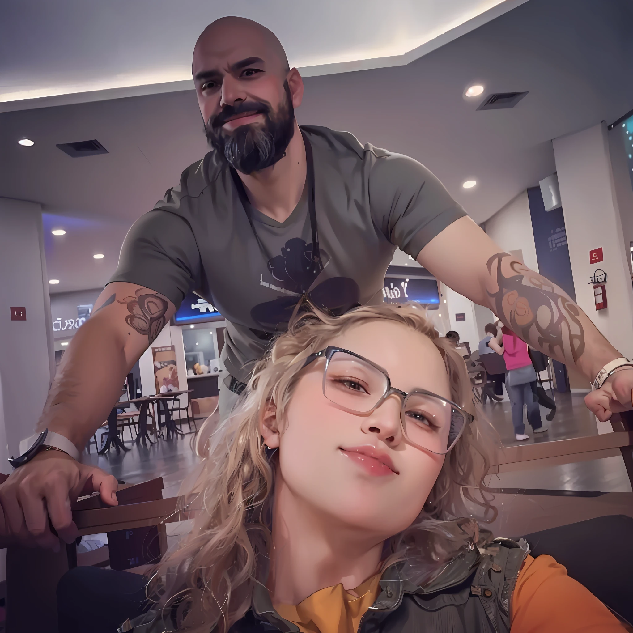 there is a man and a woman sitting at a table, by Nándor Katona, taken in gopro9, , in a mall, 8k selfie photography, profile picture, in a mall, low quality photo, 🤬 🤮 💕 🎀 8k 50mm iso 10 --auto --s2