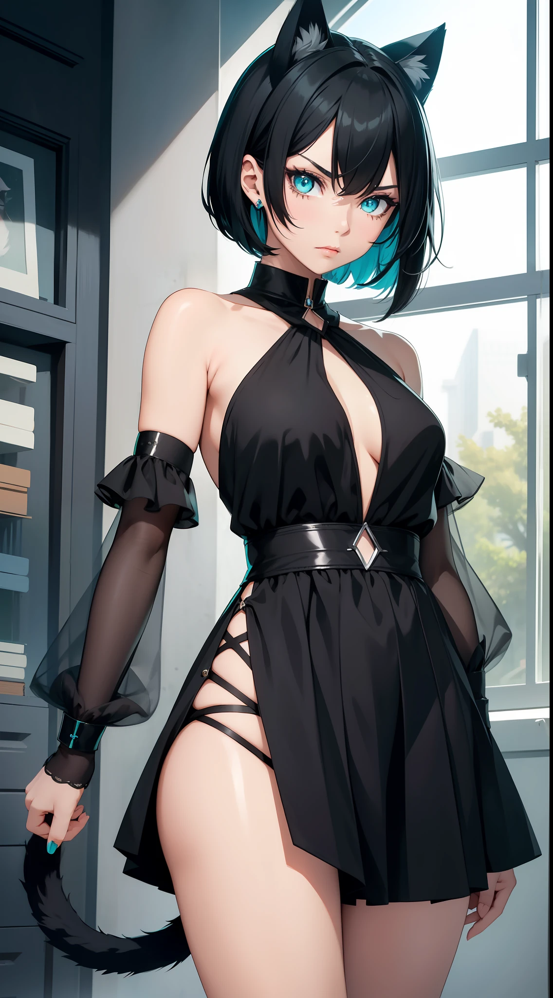 Adult girl, short black hair, turquoise eyes, cat ears and tail, black rich beautiful dress, open shoulders, serious look, masterpiece, high quality