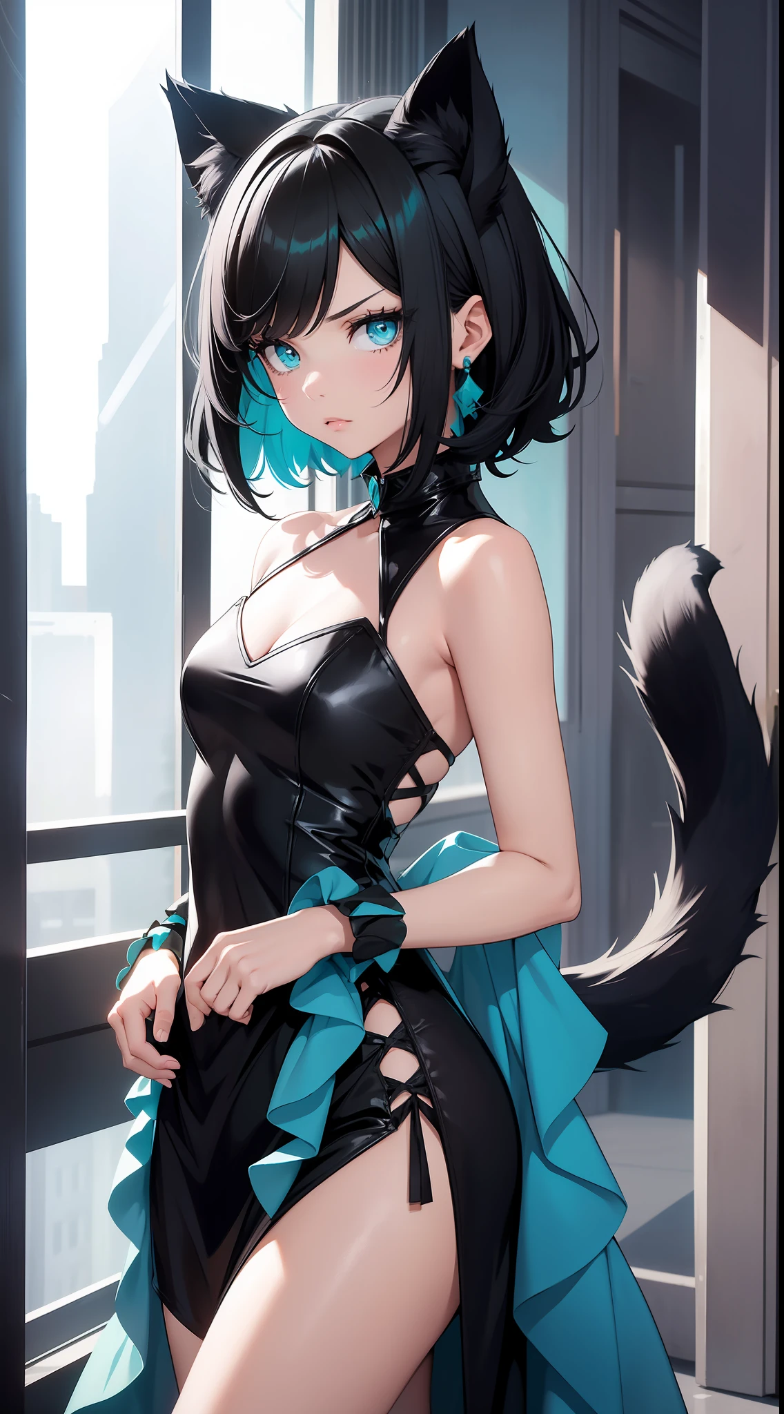 Adult girl, short black hair, turquoise eyes, cat ears and tail, black rich beautiful dress, open shoulders, serious look, masterpiece, high quality