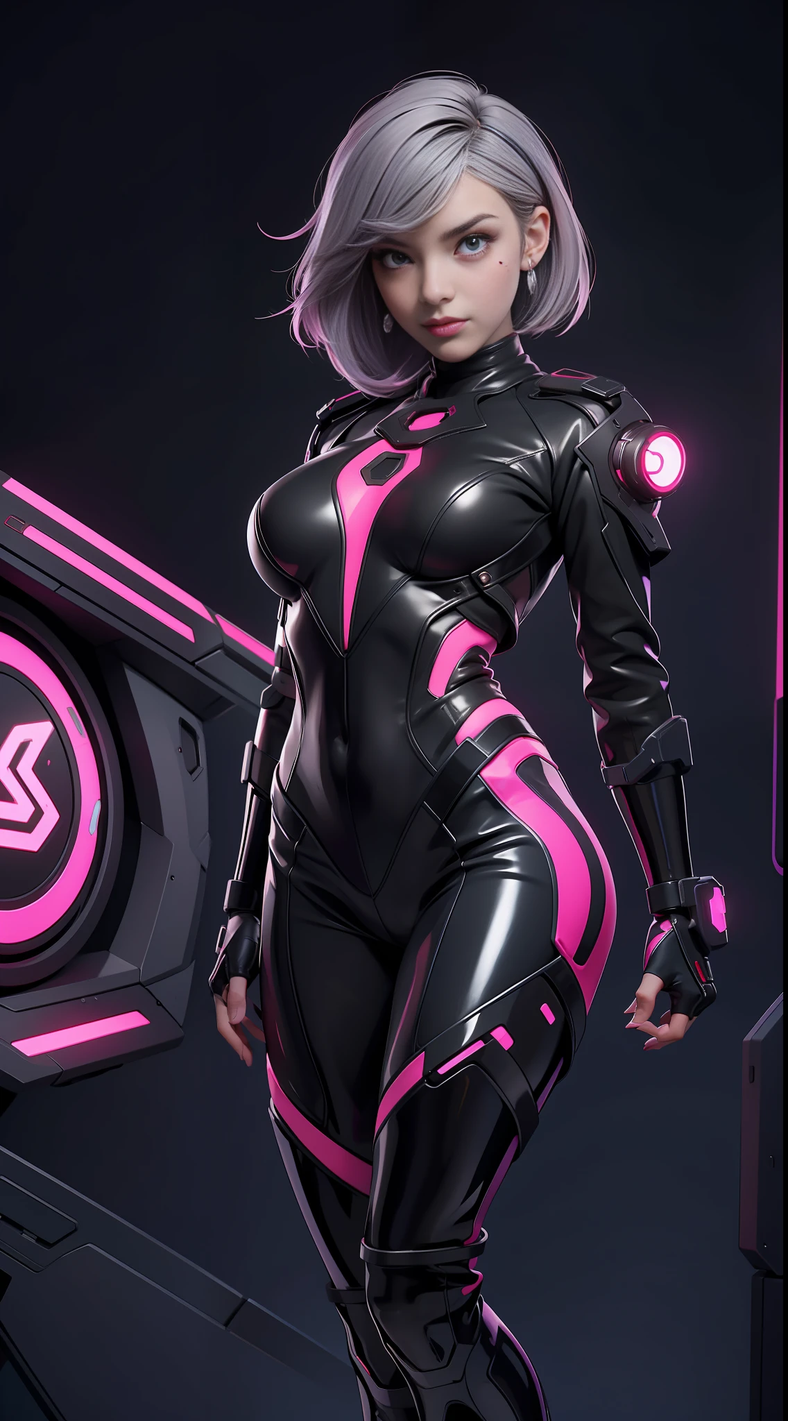 solo, super fine photo, portrait Unreal Engine 5 8K UHD of beautiful and cute girl (girl: 1.3), gorgeous, grey short hair, red and black color scheme tight cybernetic latex catsuit, cyberpunk racing girl, cyberpunk full face mask, earrings, cybernetic long heel, cybernetic long glove, futuristic design, purple neon lights details, beautiful make up, best quality, masterpiece, official art, unified 8k wallpaper, super detailed, sharp focus, dynamic pose, body parts