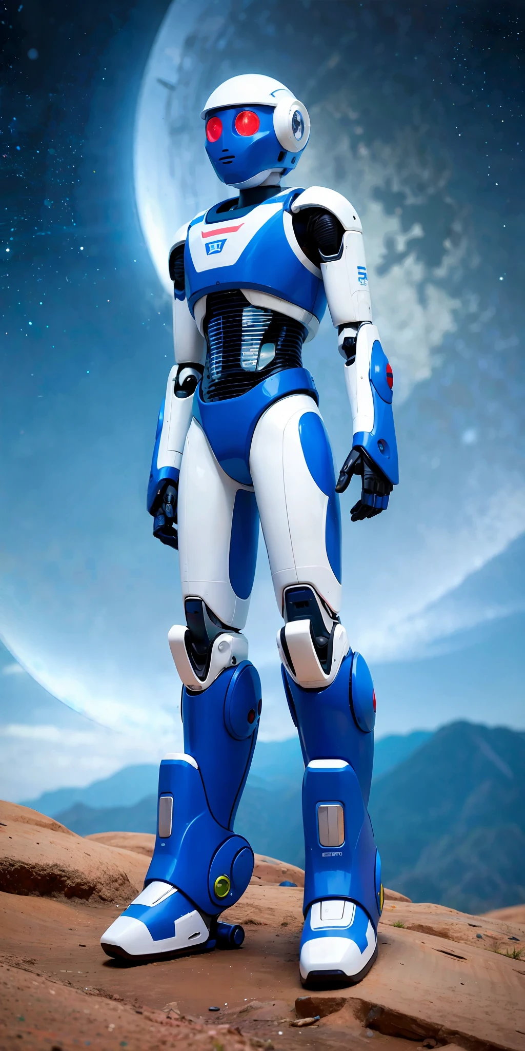 robot,in space,robot color blue and white,human type,with eyes in red color,full body,looking at horizon,with a cowboy style