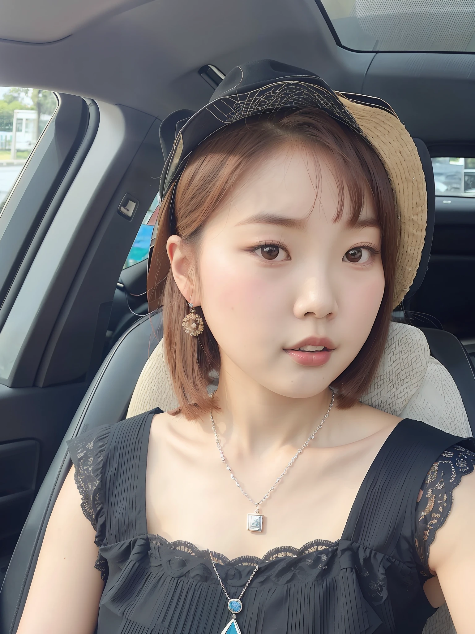 araffe woman in a car with a hat and a necklace, with short hair, a young asian woman, beautiful south korean woman, the hime cut, young cute wan asian face, south east asian with round face, korean girl, xintong chen, beautiful young korean woman, heonhwa choe, mai anh tran, blackpink jennie
