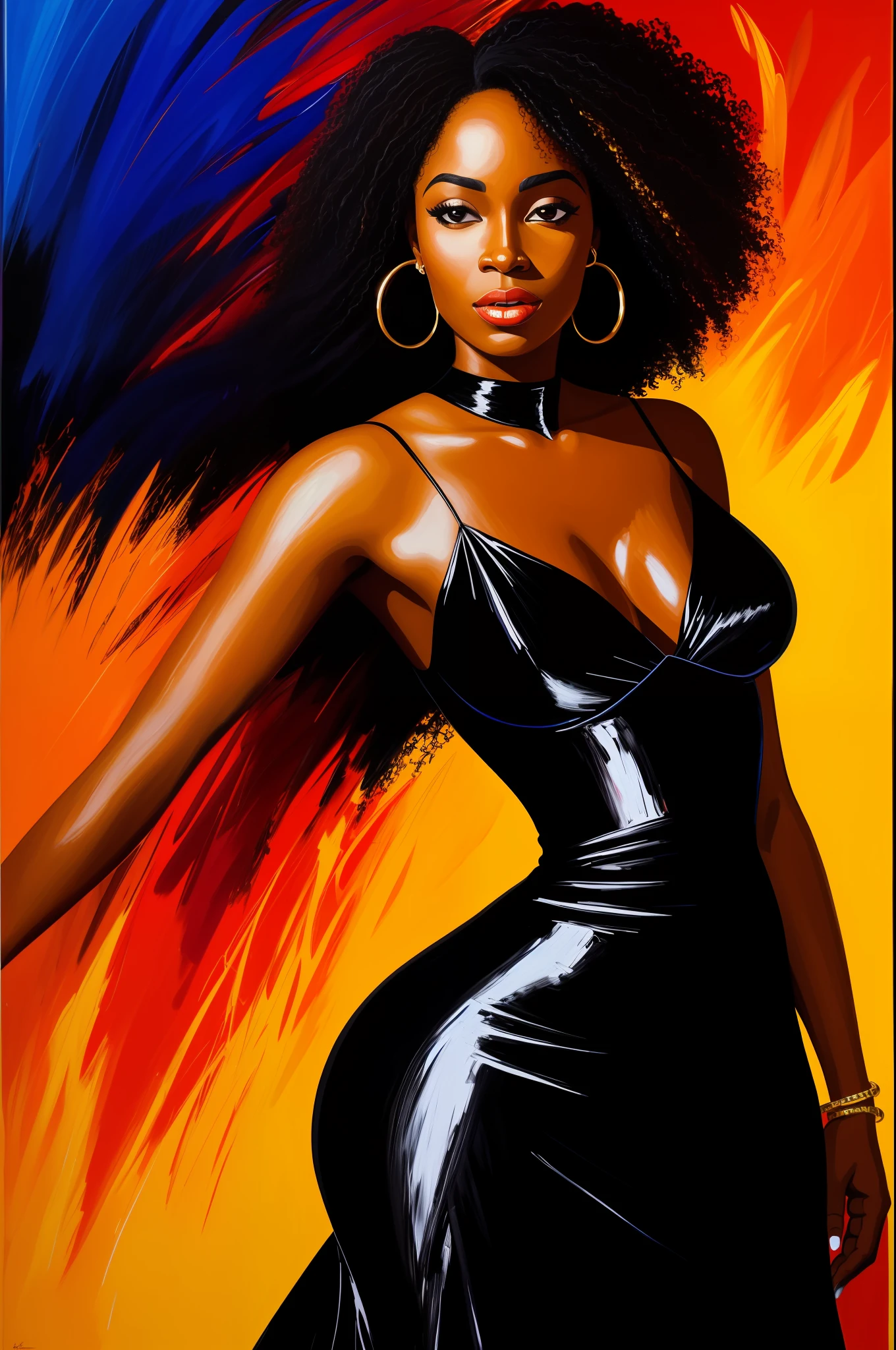 Oil painting, vibrant colors, ((sensual black woman)) in flowing dress, confident gaze, golden hour, rich brushstrokes, abstract background