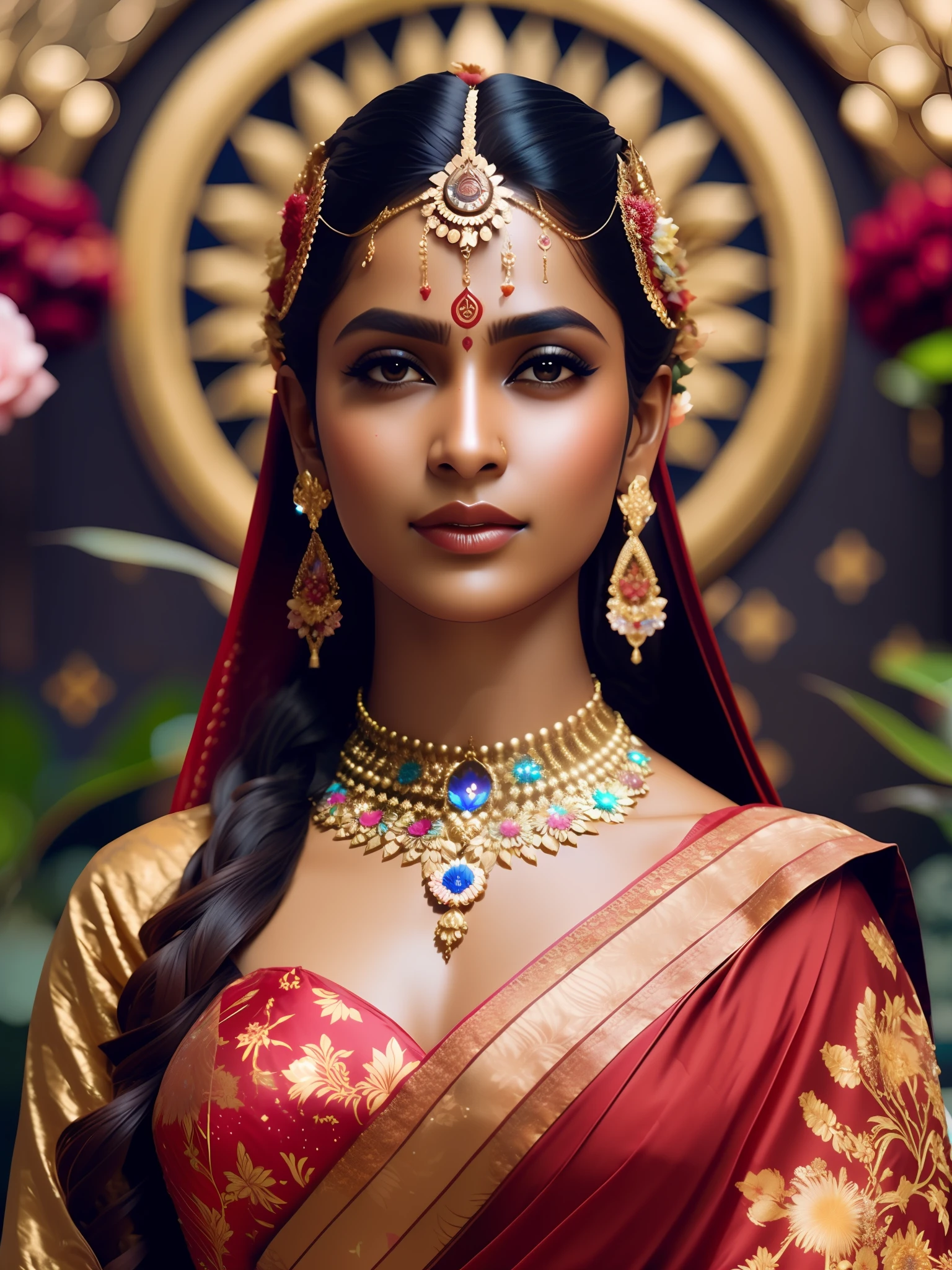 fking_scifi, fking_scifi_v2, Hindu goddess portrait, universe background with colorful flowers, wearing red sari, close-up, royal pose and attitude. fking_cinema_v2. fking_cinema_v2