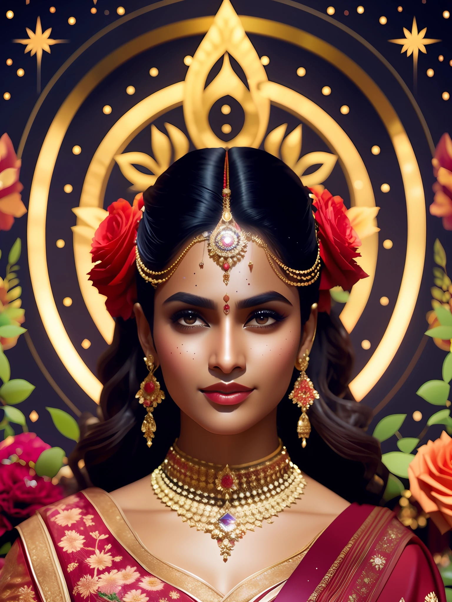 fking_scifi, fking_scifi_v2, Hindu goddess portrait, universe background with colorful flowers, wearing red sari, close-up, royal pose and attitude. fking_cinema_v2. fking_cinema_v2