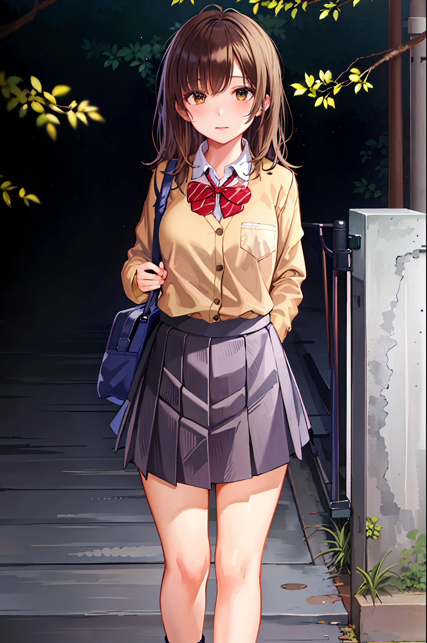 ogiwara sayu, 1girl, solo, school uniform, long sleeves, skirt grey, blush, (absurdres), (highres), looking at viewer, walking in the park, (extremely detailed CG unity 8k wallpaper,masterpiece, best quality, ultra-detailed)