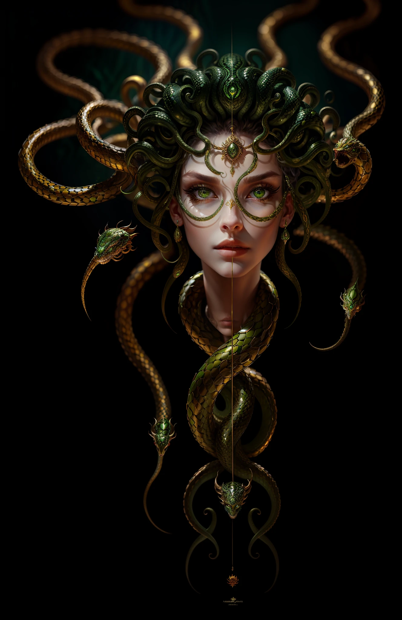 ((best quality)), ((masterpiece)), ((realistic)), Medusa, full body, the hair is composed of countless small snakes, green eyes, female face, metal carved top, royal aura, trend on artstation , sharp focus, studio photo, intricate detail, very detailed, detailed eye, illustration, very detailed, sharp focus, digital render, professional, 4k