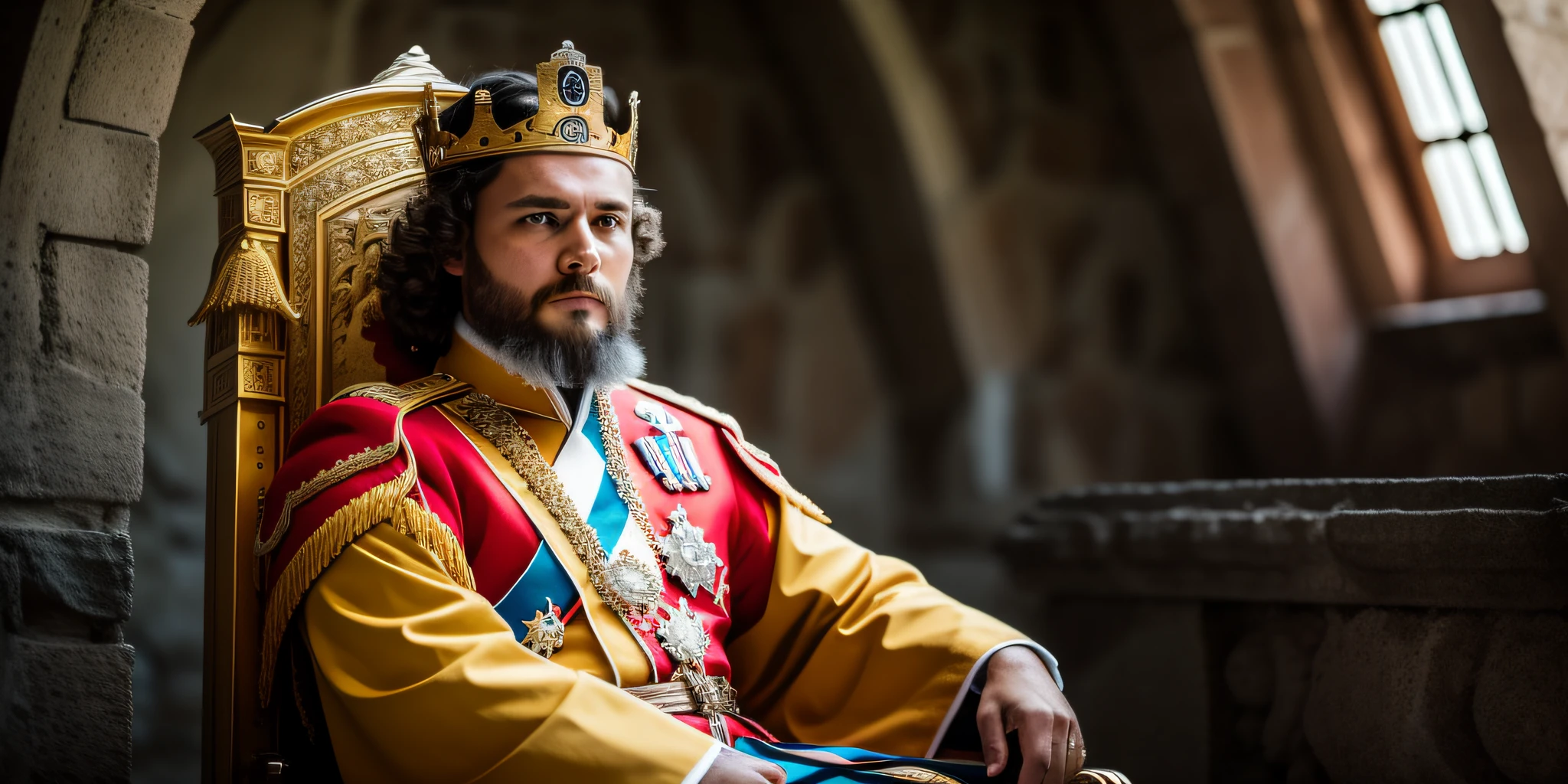 a king sitting on the throne in his castle. Realistic image taken with a Canon EOS R3 camera
