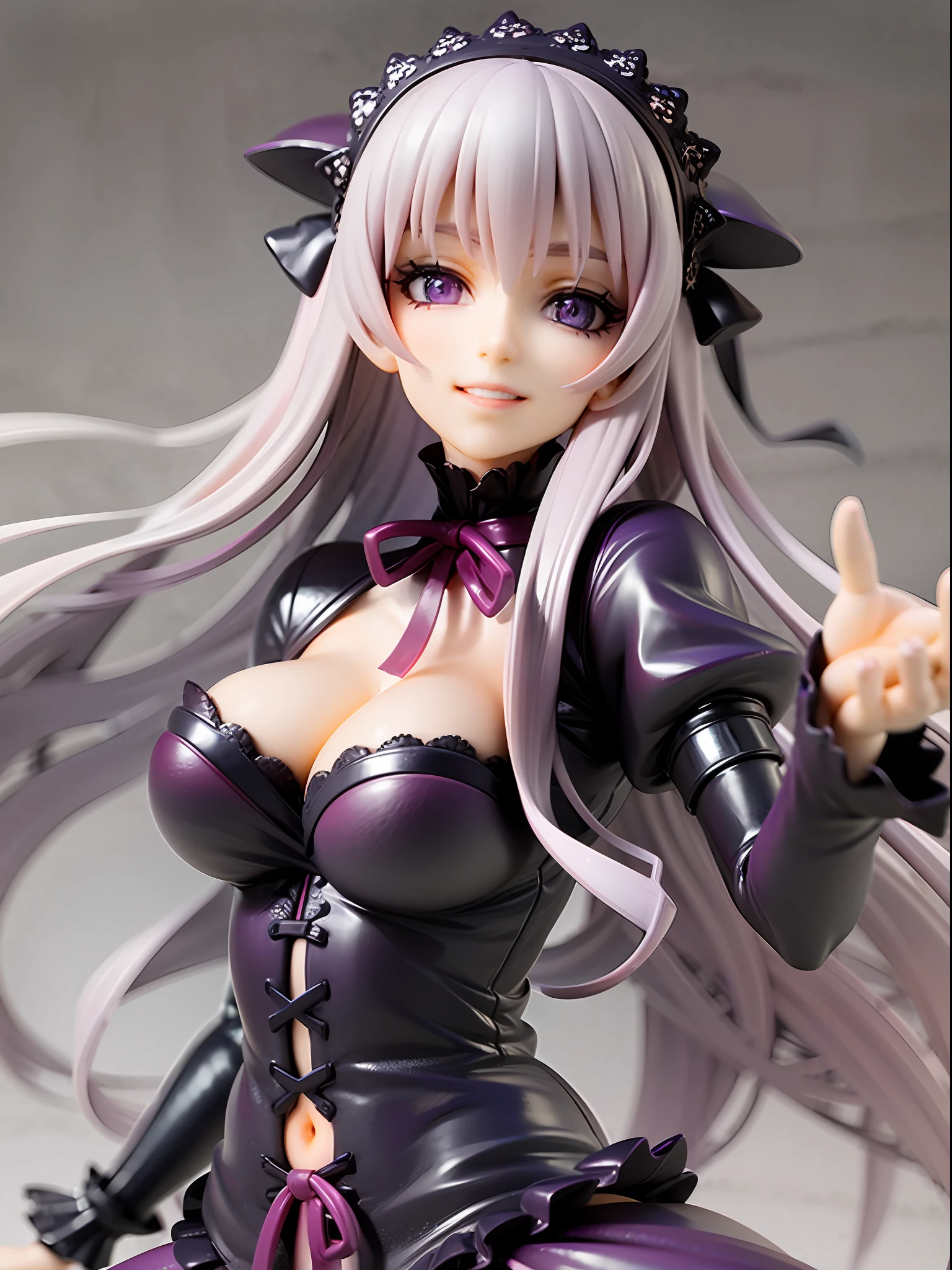 Purple, black, ghostly, mystical, calm face, smile, beautiful deep purple eyes, closed mouth, Victorian style dress, black and purple lace and ribbons, silver hair, long and wavy hair, floating pose, Victorian mansion background,