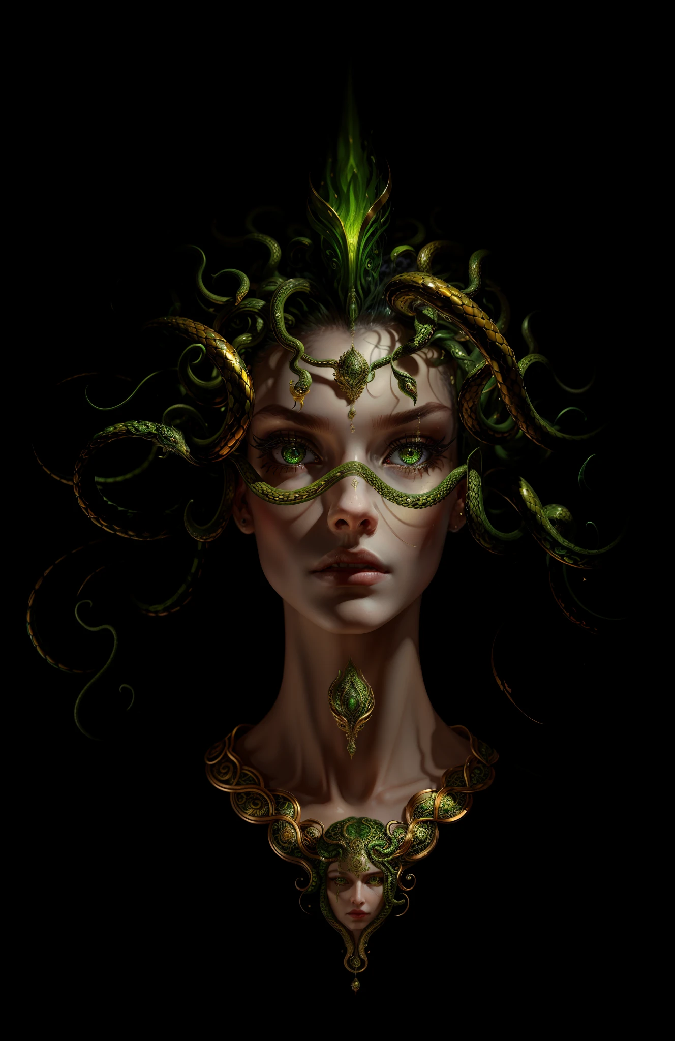((best quality)), ((masterpiece)), ((realistic)), Medusa, full body, the hair is composed of countless small snakes, green eyes, female face, metal carved top, royal aura, trend on artstation , sharp focus, studio photo, intricate detail, very detailed, detailed eye, illustration, very detailed, sharp focus, digital render, professional, 4k
