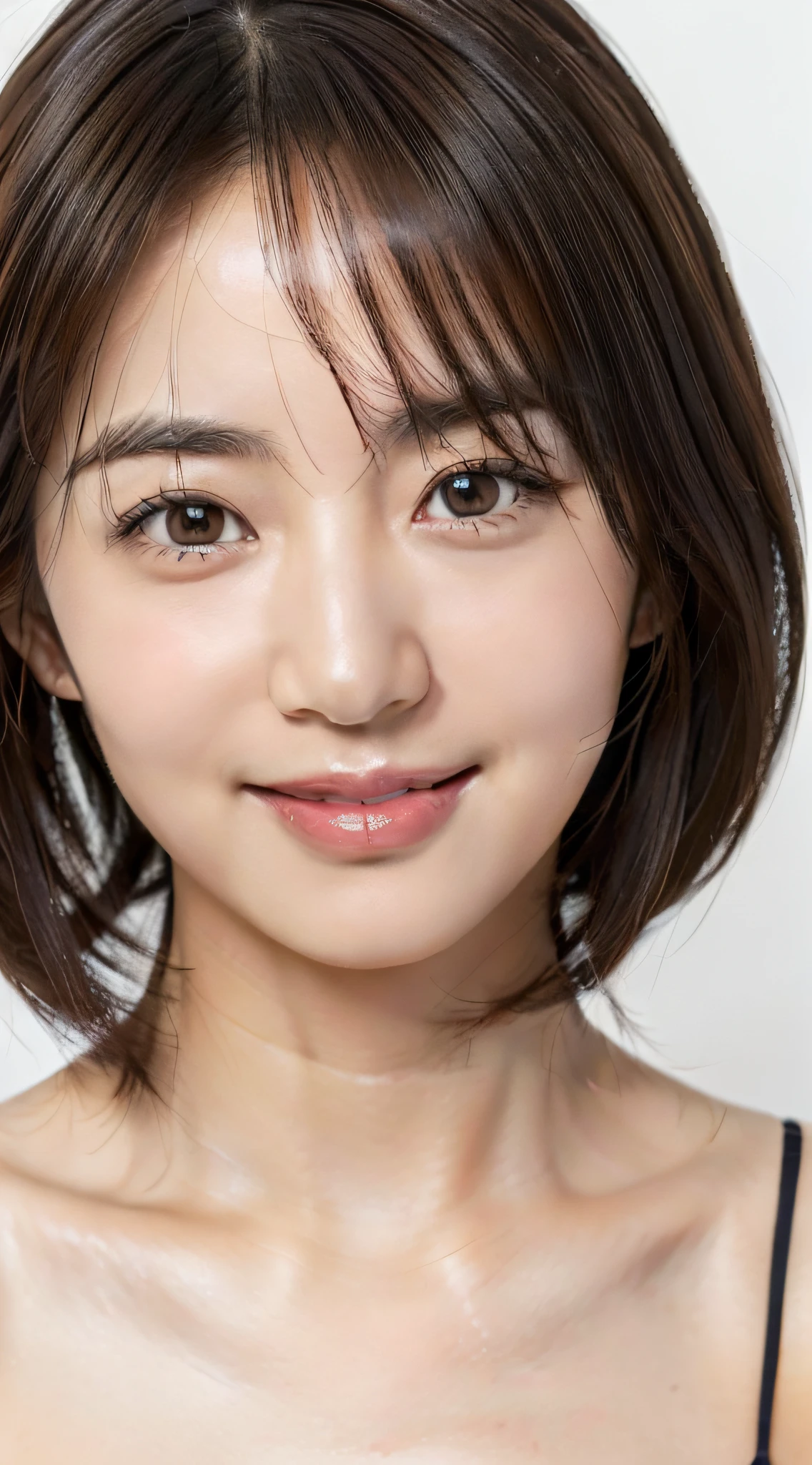 ((8k, RAW photo, highest quality)), (realistic photo: 1.5), (detailed photo: 1.5), (signature photo), (Japan person), (one), (40 years old), (smile), (cute face), (double eyes), (sagging eyes: 1.5), (trimmed eyebrows), (light makeup), (short hair: 1.5), (straight hair), (brown hair), (moderately sized breasts)