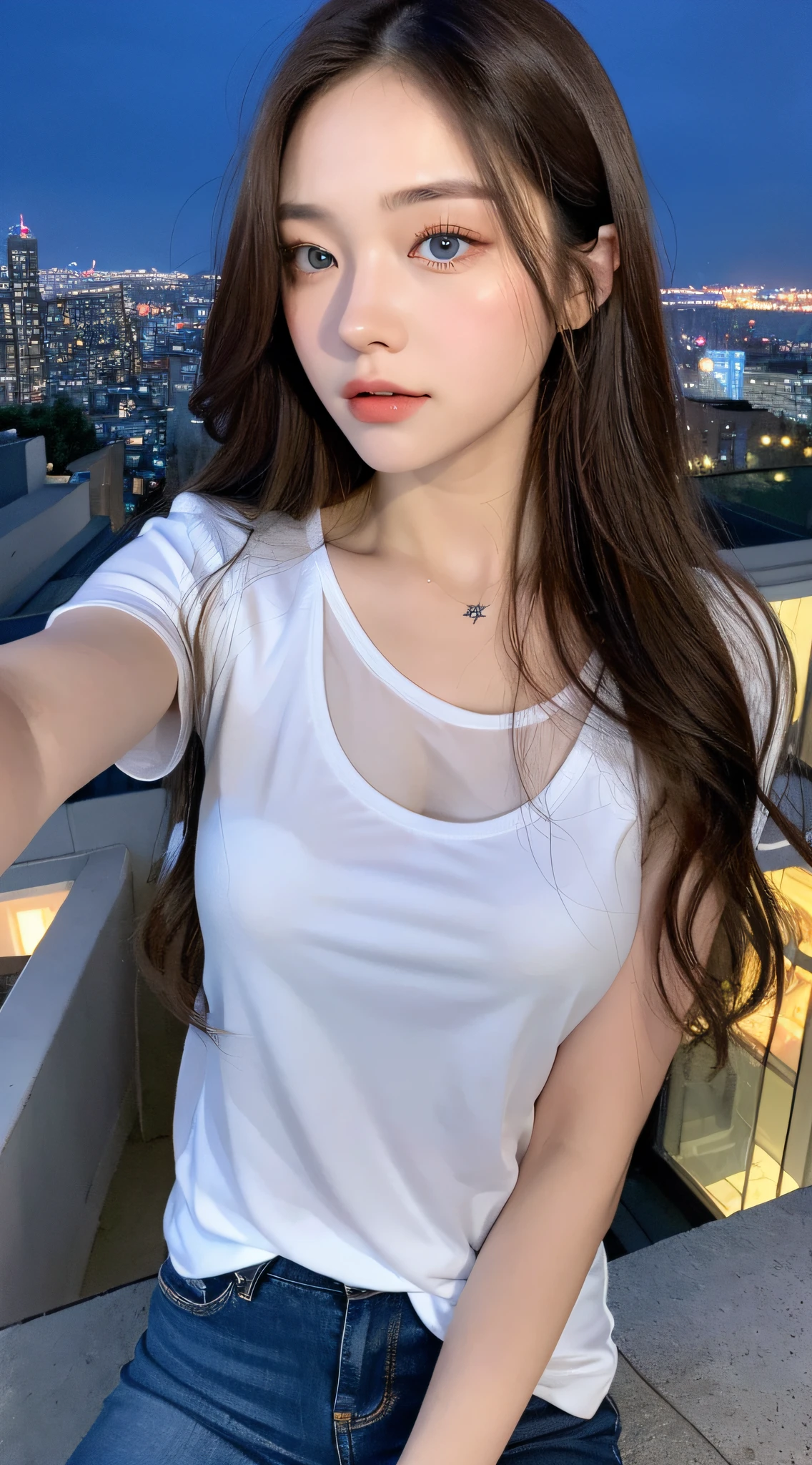 ((Midnight, Best Quality, 8k, Masterpiece: 1.3)), Above the waist, Long legs, Sharp Focus: 1.2, Pretty woman with perfect figure: 1.4, ((Brown hair, big: 1.2)), (Sheer white tight T-shirt, Jean bib, Standing: 1.2), ((Night city view, rooftop: 1.3)), Very detailed face and skin texture, Detailed eyes, Double eyelids, blue eyes, night view, The Light of the City Lights