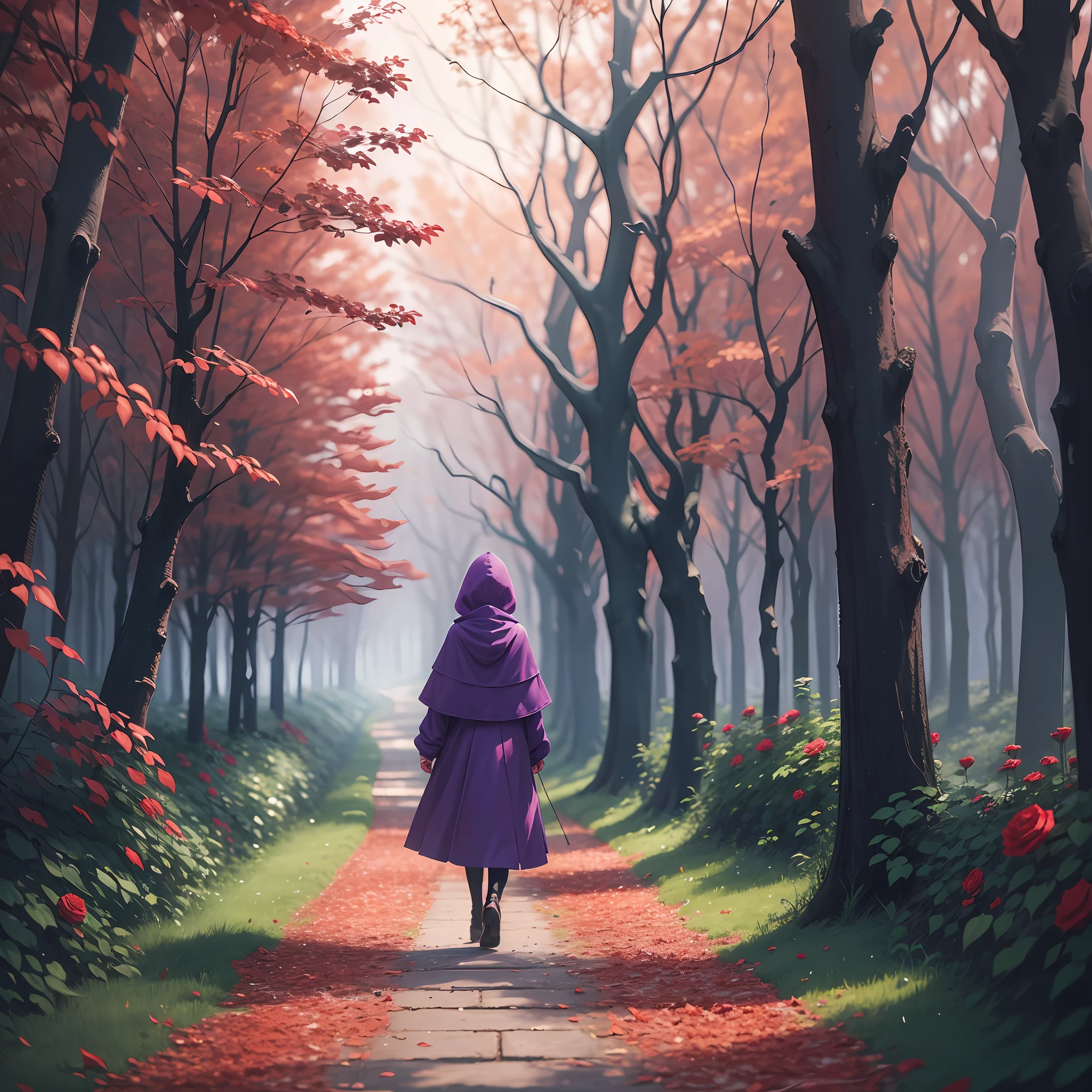 Create a path of red roses, and in the middle of the way goes a mysterious girl in a purple hood, she walks towards a forest that is far away at the end of the path --auto --s2