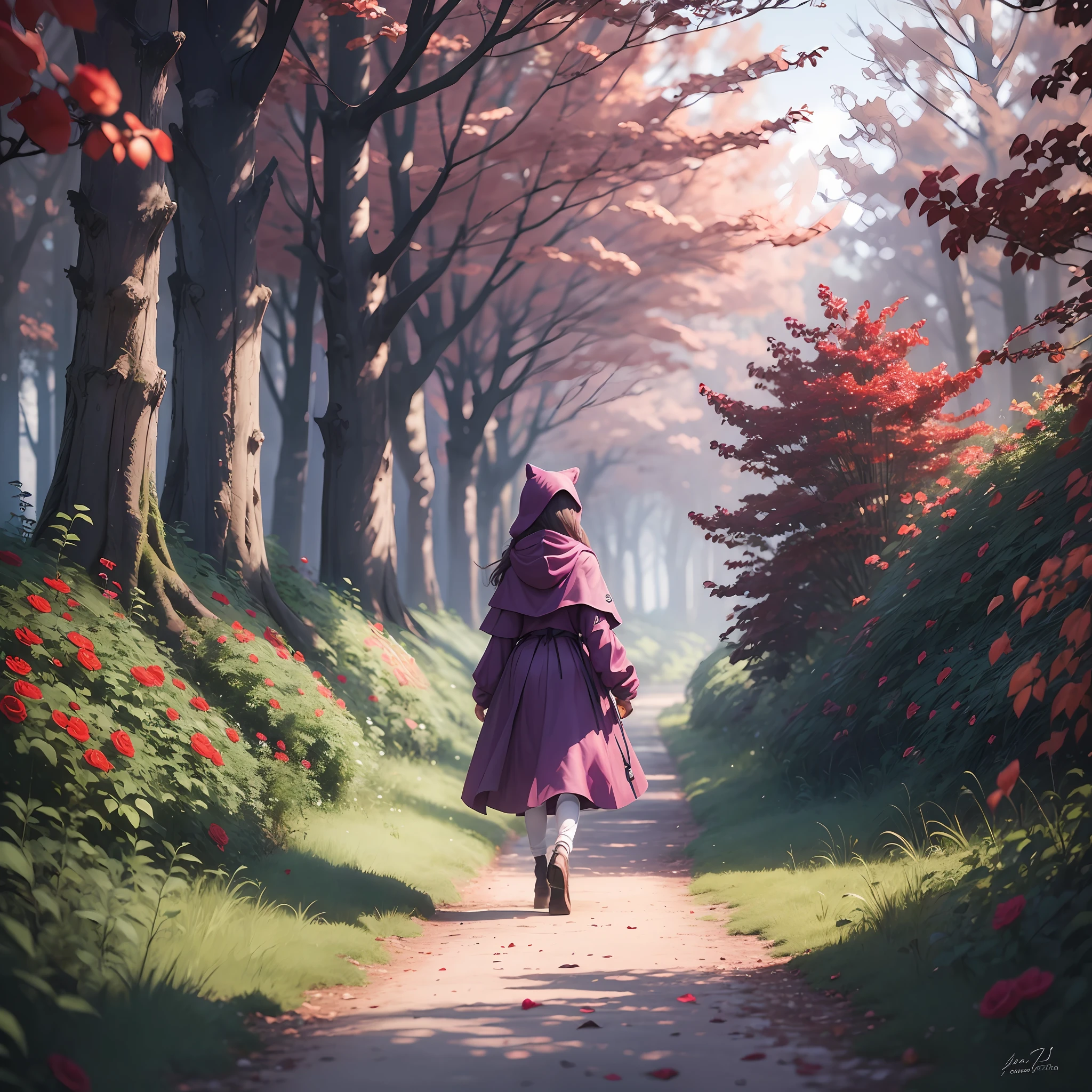 Create a path of red roses, and in the middle of the way goes a mysterious girl in a purple hood, she walks towards a forest that is far away at the end of the path --auto --s2