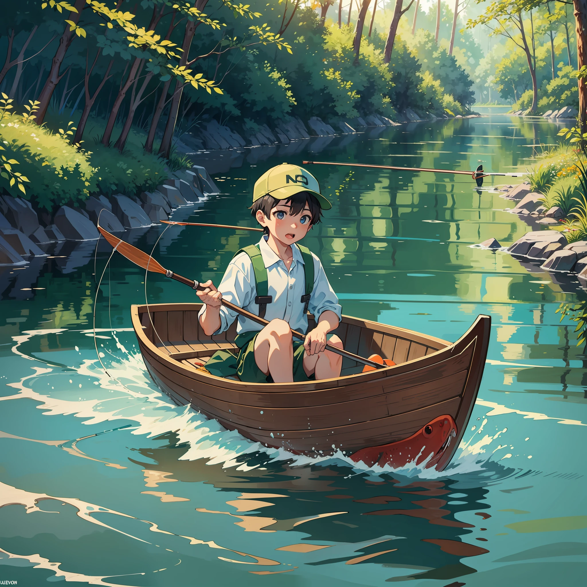 Close-up of a boy in a canoe, fishing, catching a fish, river, fish jumps from the water, forest, woods, pulling the fishing rod, amazed expression, fish jumping from water with a hook in its mouth