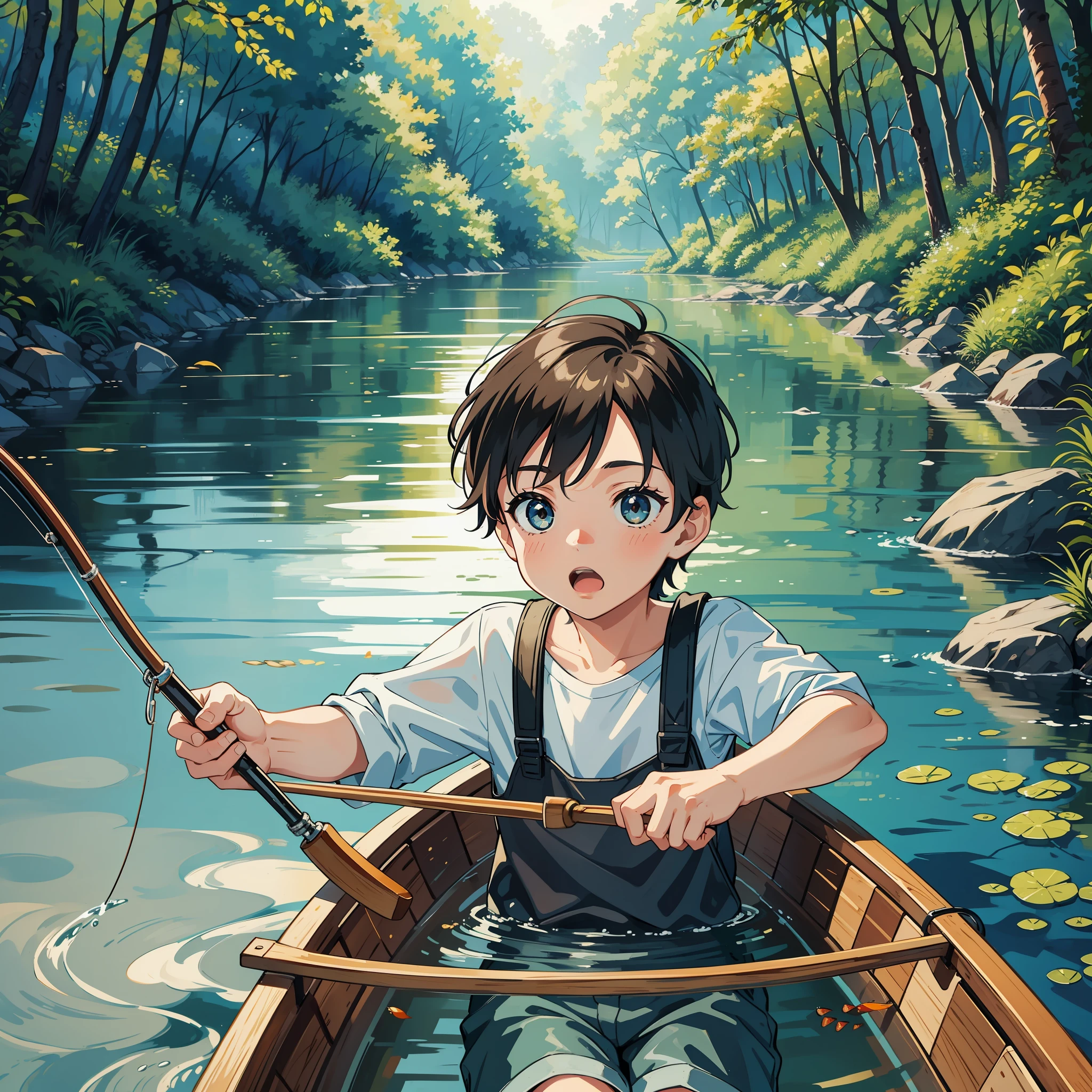 Close-up of a boy in a canoe, fishing, catching a fish, river, fish jumps from the water, forest, woods, pulling the fishing rod, amazed expression, fish jumping from water with a hook in its mouth