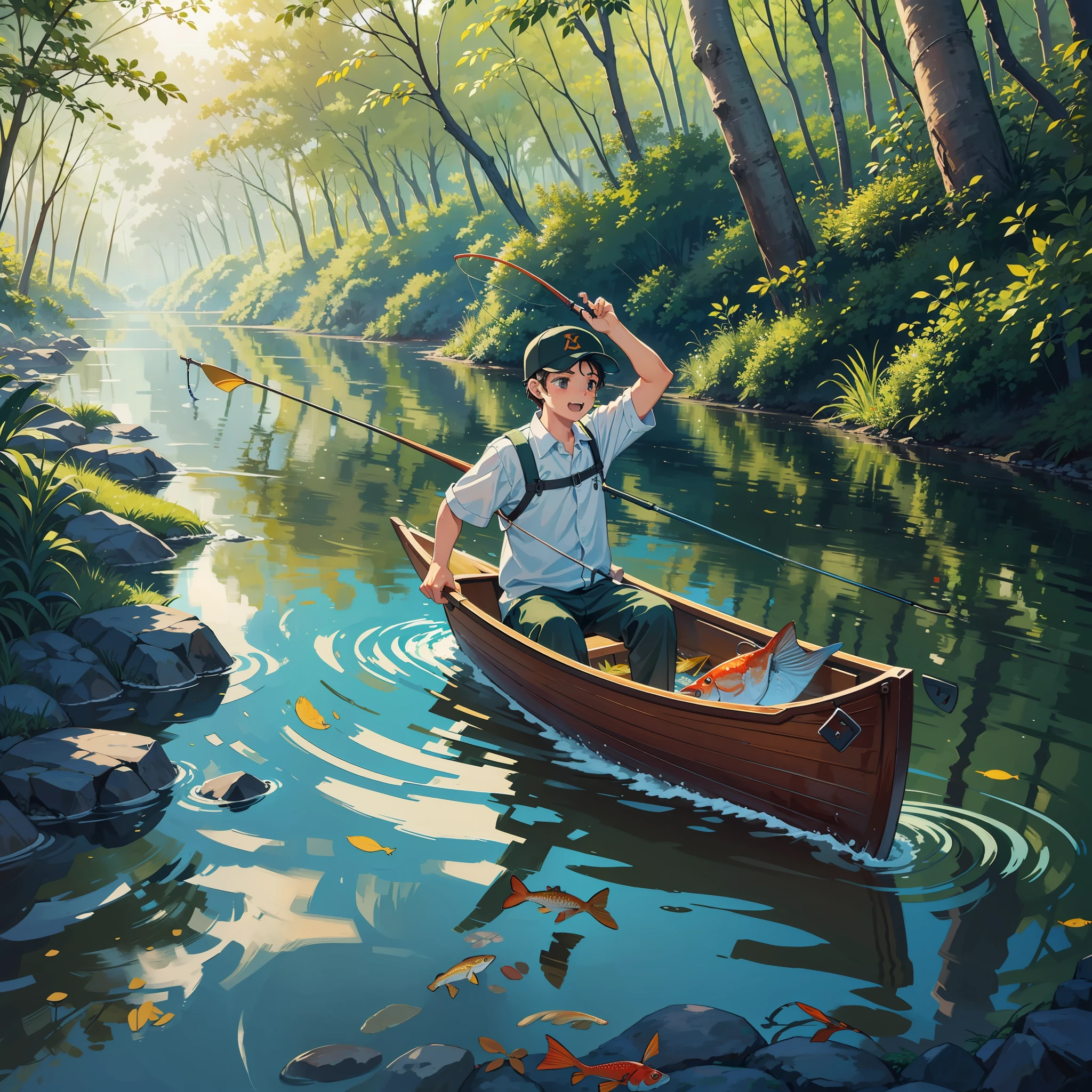 Close-up of a boy in a canoe, fishing, catching a fish, river, fish jumps from the water, forest, woods, pulling the fishing rod, amazed expression, fish jumping from water with a hook in its mouth