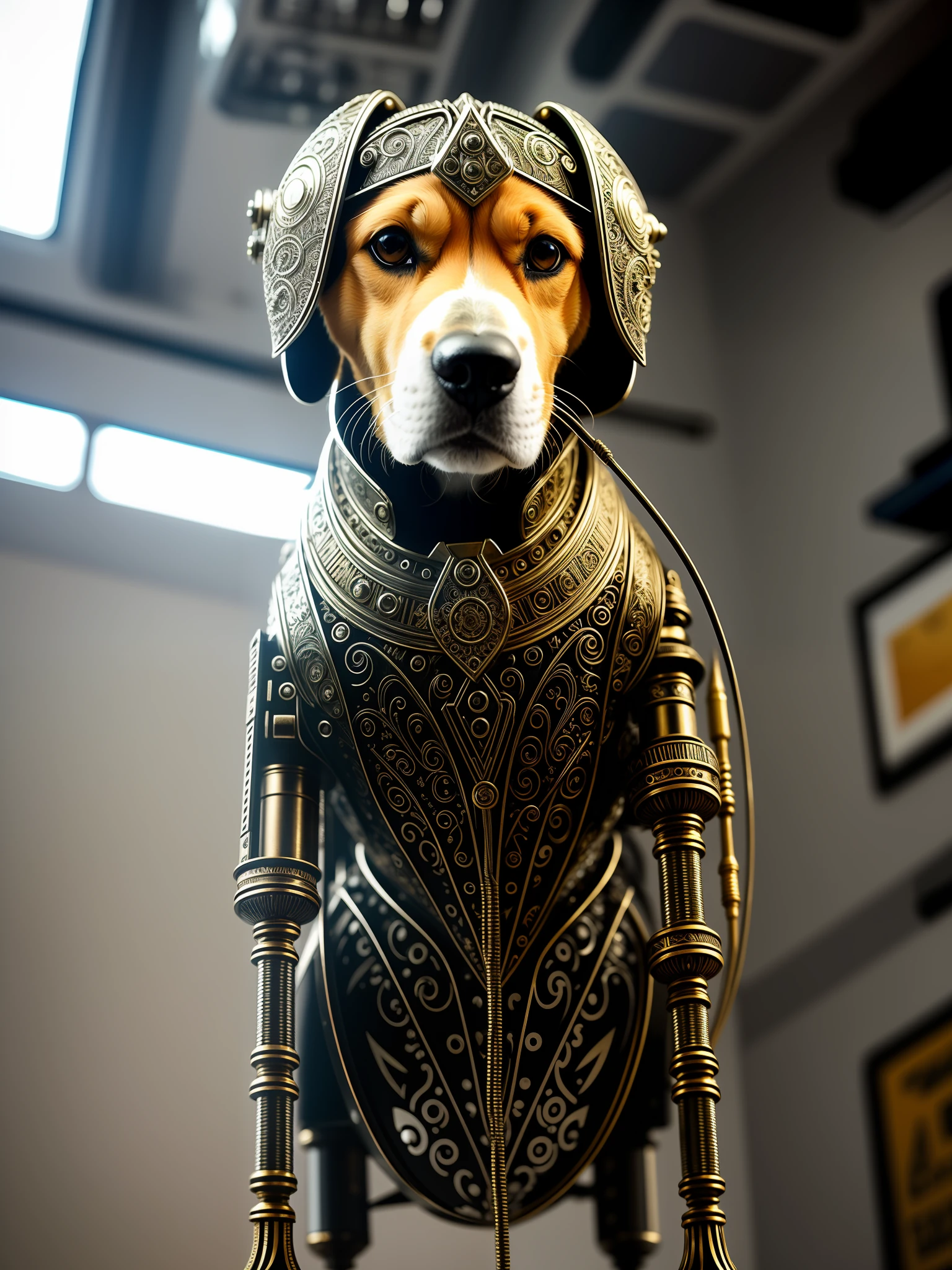 A beautiful beagle made of metal, (cyborg:1.1), ([tail | detailed wire]:1.3), (intricate details), HDR, (intricate details, hyperdetailed:1.2), cinematic plane, vignette, centered