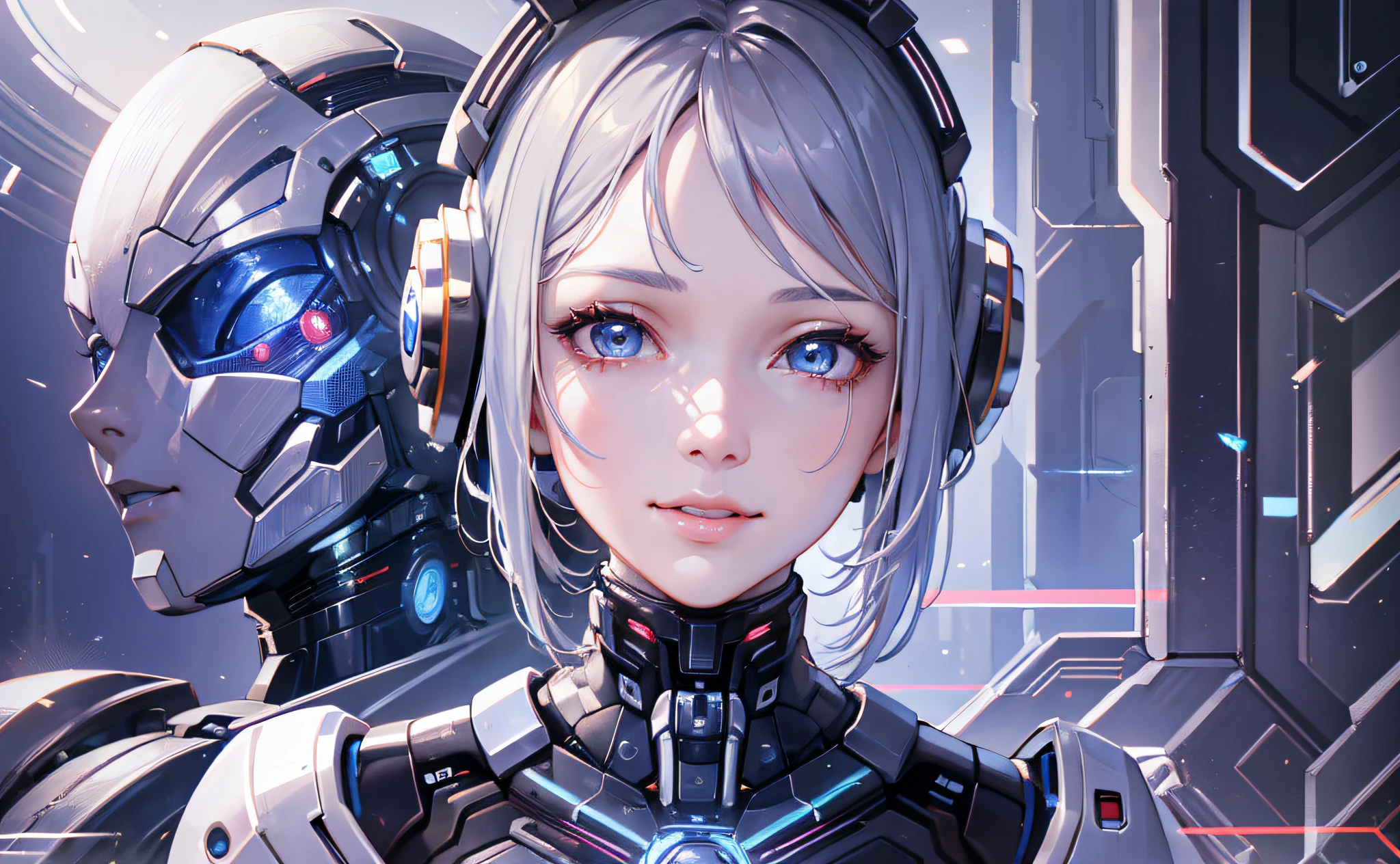 (((Masterpiece)))), (((Best Quality))), ((Super Detailed)), (Very detailed CG illustration), Smiling, close-up portrait of woman with robot head and robot body, beautiful white girl cyborg, beautiful girl cyborg, perfect cyborg woman, futuristic robot, beautiful cyborg image, cyborg-girl, beautiful female android, beautiful cyborg girl, Cybernetic machine female face, cybernetic and very detailed --auto --s2