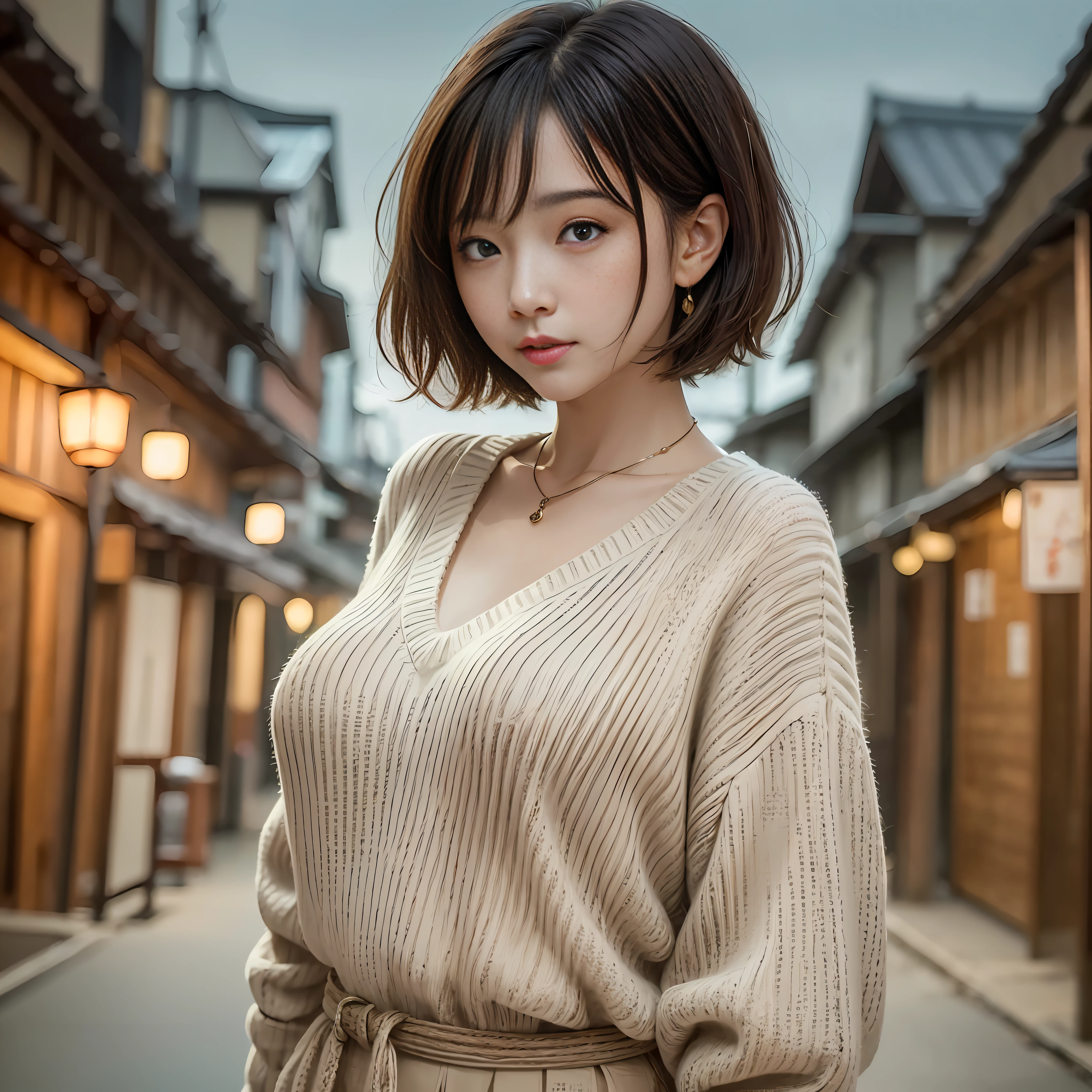 (Best Quality, 8k, 32k, Masterpiece, UHD: 1.2), Cute Japan Woman Pictures, Big Breasts, Very Short Bob Hair, Upper Body, (oversized_sweater,:1.1) Necklace, Simple Background, Look Around