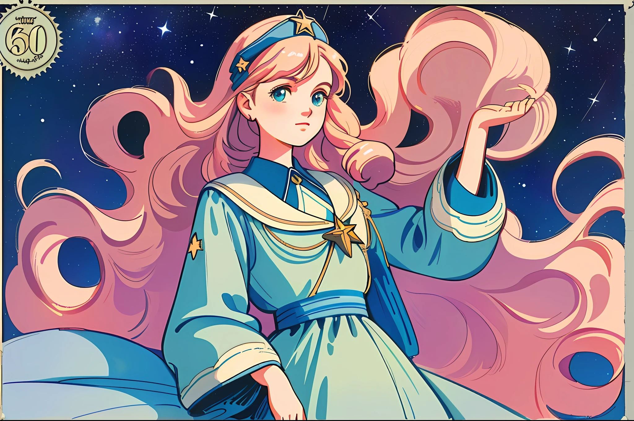 (masterpiece), (best quality), (best detail), (distant general point of view), (postage stamp), (main color of illustration: pastel blue), (secondary color: pastel pink o), girl with long wavy blonde hair, with beautiful blue eyes, we wear a dress, with details of stars, very detailed face, vintage advertising poster with 60' Soviet style letters, sophisticated house scenery, night (sky with many stars), shading (detailed, lots of contrast), highly saturated pulp colors
