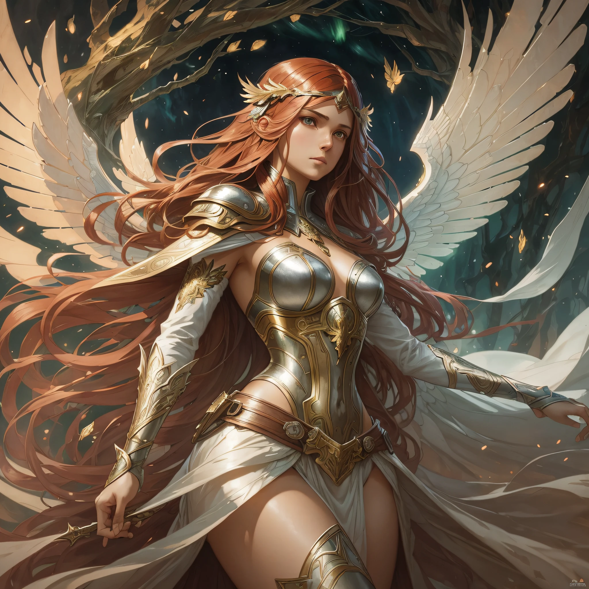 (atmosphere with light and a tree behind)+ 8k aurora portrait, girl with super long hair, super long very light red hair, in battle clothes, with giant silver wings on the back, intricate, highly detailed, digital painting, smooth, sharp focus, illustration, unreal engine 5, 8 k, art by Artgerm and Greg Rutkowski and Alphonse Mucha --auto --s2