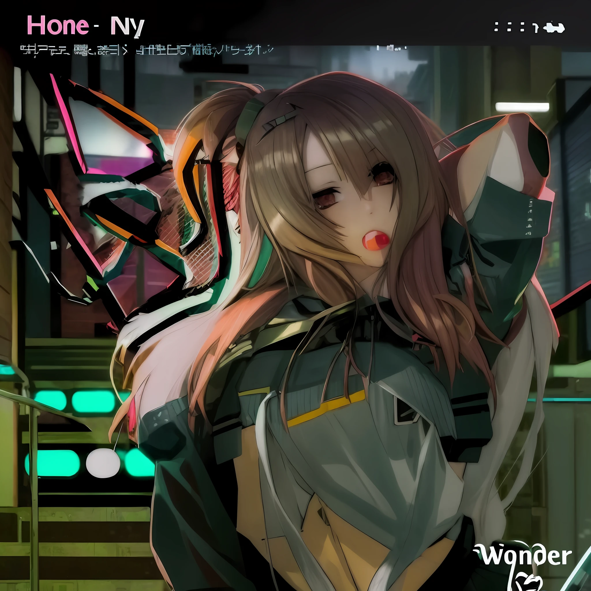 anime girl with long hair and a green jacket posing for a picture, android heroine, nightcore, holo, neon noire, anime style hyper detailed, anime wallaper, pixiv contest winner, cyberpunk anime girl, pixiv style, hd anime wallaper, (anime girl), popular on pixiv, pixiv, vocaloid, heroine japan vivid landscape