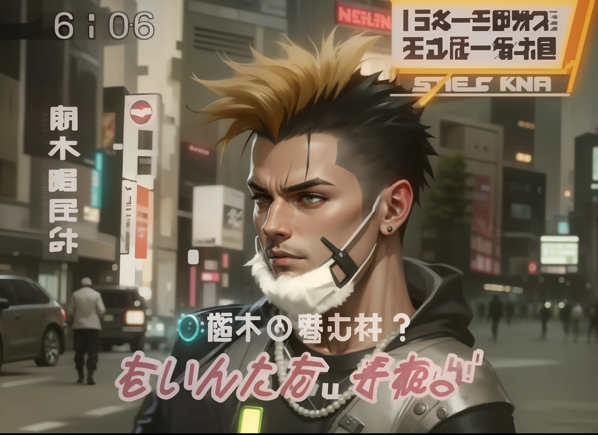 (Male face: 1.5, post-apocalyptic city: 1.3, cyberpunk clothing: 1.2, hair disguised as a mohawk with a brush attached, cybernetic high-tech clothes), dark atmosphere, bustling crowds, after the end of the world, after nuclear war, scammers, robbers, Star Wars villains, all-black eyeballs, cyber, flashy and high-tech costumes. --auto --s2
