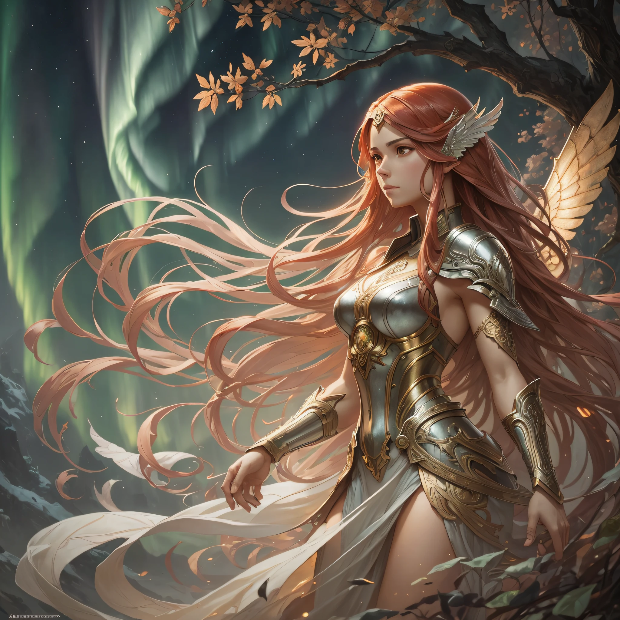 (atmosphere with light and a tree behind)+ 8k aurora portrait, girl with super long hair, super long very light red hair, in battle clothes, with giant silver wings on the back, intricate, highly detailed, digital painting, smooth, sharp focus, illustration, unreal engine 5, 8 k, art by Artgerm and Greg Rutkowski and Alphonse Mucha --auto --s2