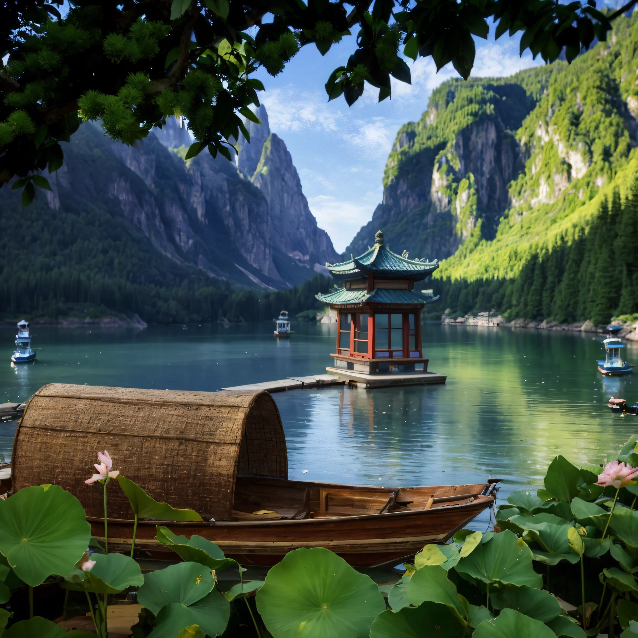 there is a boat that is sitting in the water near a mountain, very beautiful scenery, very very beautiful scenery, detailed scenery —width 672, beautiful lake, very very very beautiful scenery, beautiful place, beautiful scenery, chinese landscape, in a serene landscape, peaceful landscape, beautiful lake background, stunning scenery, incredibly beautiful, beautiful environment, peaceful and serene