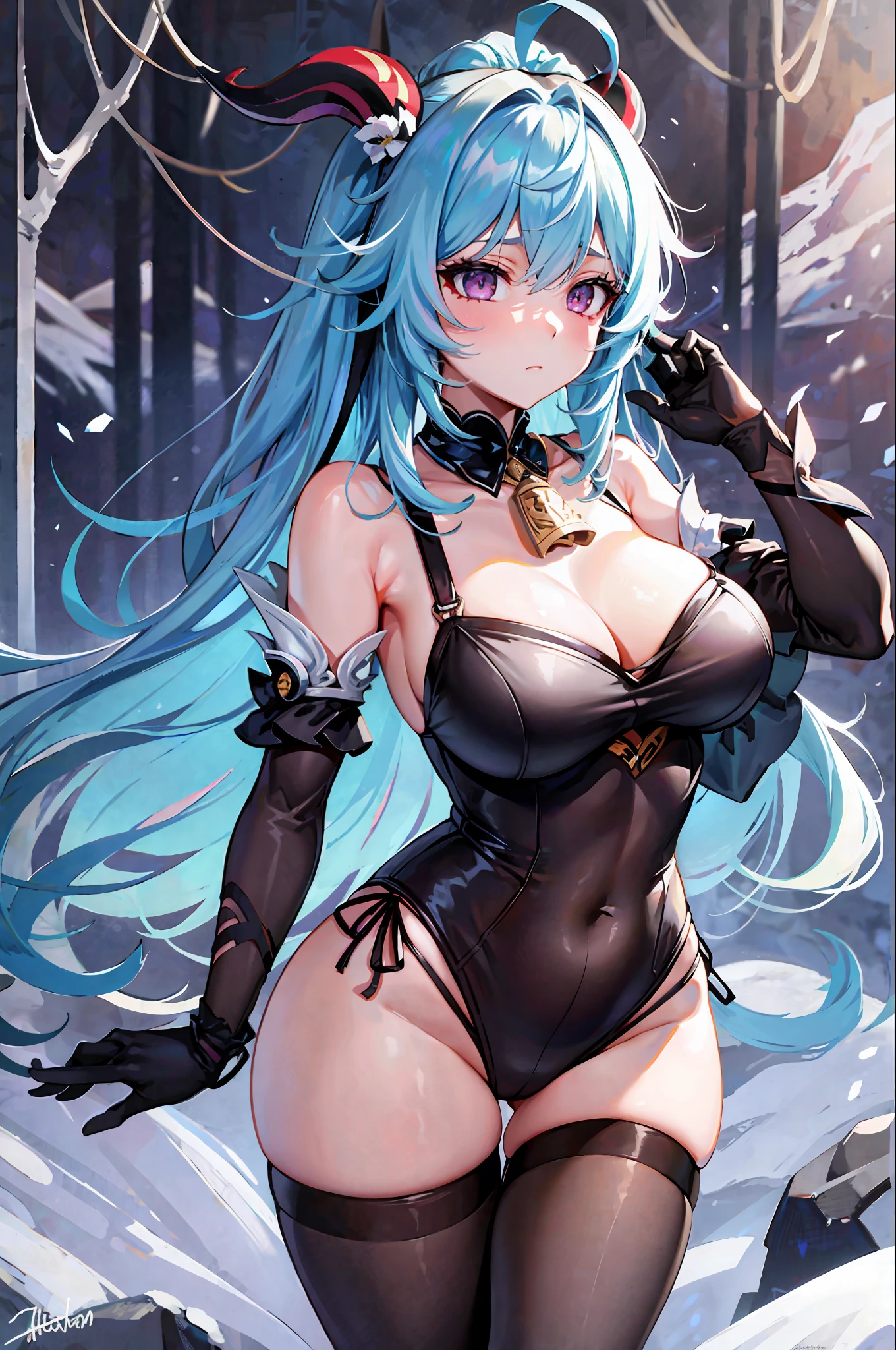 Masterpiece, Best Quality, High Resolution, 1girl, Blue Hair, Long Hair, Extra Long Hair, Ponytail, Bangs, Big Breasts Not Leaking, Fullness, Perfect Figure, Hair Between Eyes, Side Hair, Ahoge, Goat Horn, Horn, Purple Eyes, Bells, Cowbells, Neckbells, Collars, Split Collars, White Collars, Off-the-Shoulders, Pantyhose, Black Pantyhose, Bodystocking, Bodystocking Under Clothes, Pelvic Curtain, Sleeve Removal, White Sleeves, Long Sleeves, Gold Trim, mid-chest, gloves, black gloves, ribbons, leg straps, ankle straps, white footwear, visual (genshin impact), ganyu \ (genshin impact \), outdoor, snow, mountain, standing, expressionless,