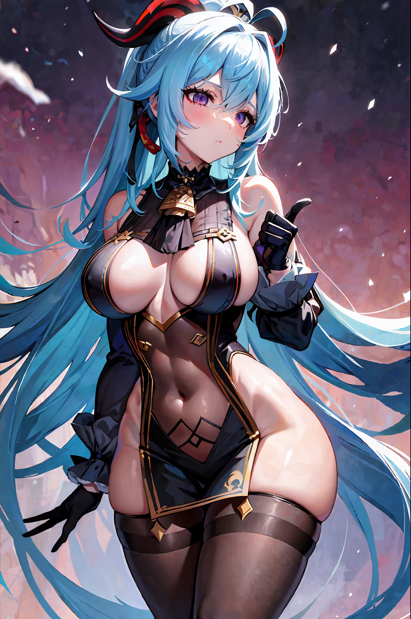 Masterpiece, Best Quality, High Resolution, 1girl, Blue Hair, Long Hair, Extra Long Hair, Ponytail, Bangs, Big Breasts Not Leaking, Fullness, Perfect Figure, Hair Between Eyes, Side Hair, Ahoge, Goat Horn, Horn, Purple Eyes, Bells, Cowbells, Neckbells, Collars, Split Collars, White Collars, Off-the-Shoulders, Pantyhose, Black Pantyhose, Bodystocking, Bodystocking Under Clothes, Pelvic Curtain, Sleeve Removal, White Sleeves, Long Sleeves, Gold Trim, mid-chest, gloves, black gloves, ribbons, leg straps, ankle straps, white footwear, visual (genshin impact), ganyu \ (genshin impact \), outdoor, snow, mountain, standing, expressionless,