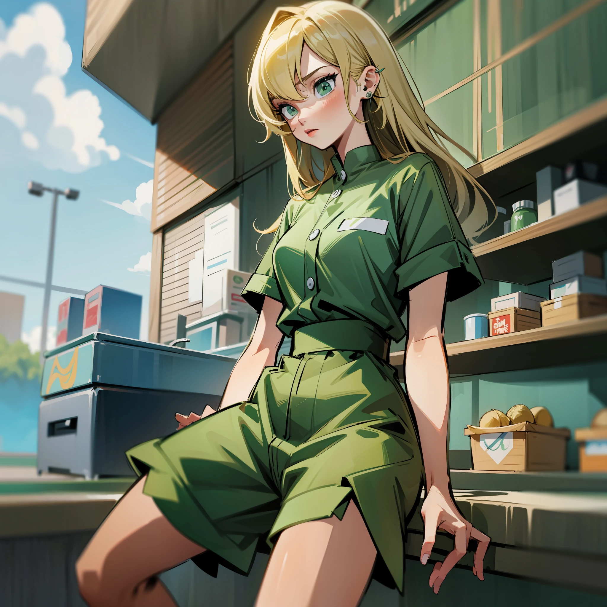 long blonde hair, green eyes, straight hair, ear, earring