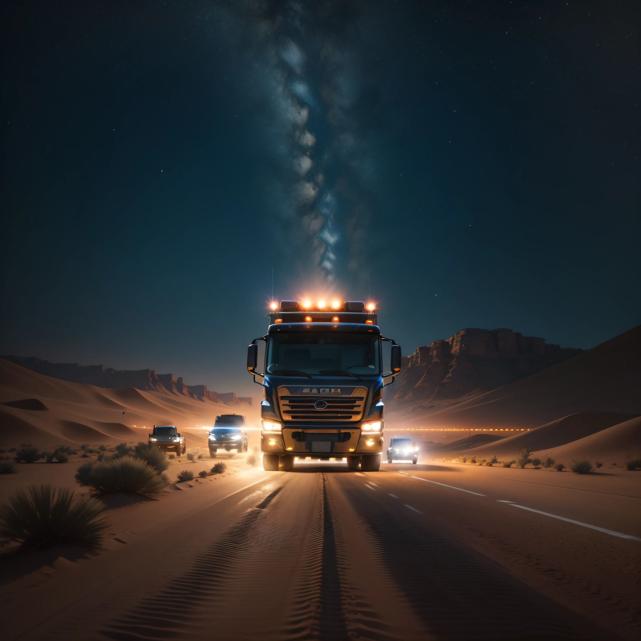 a truck driving at night in the desert, with the high beams on, and an unidentified flying object, with mysterious lights hovering near the truck, cinematic, real, 8k, perfect image