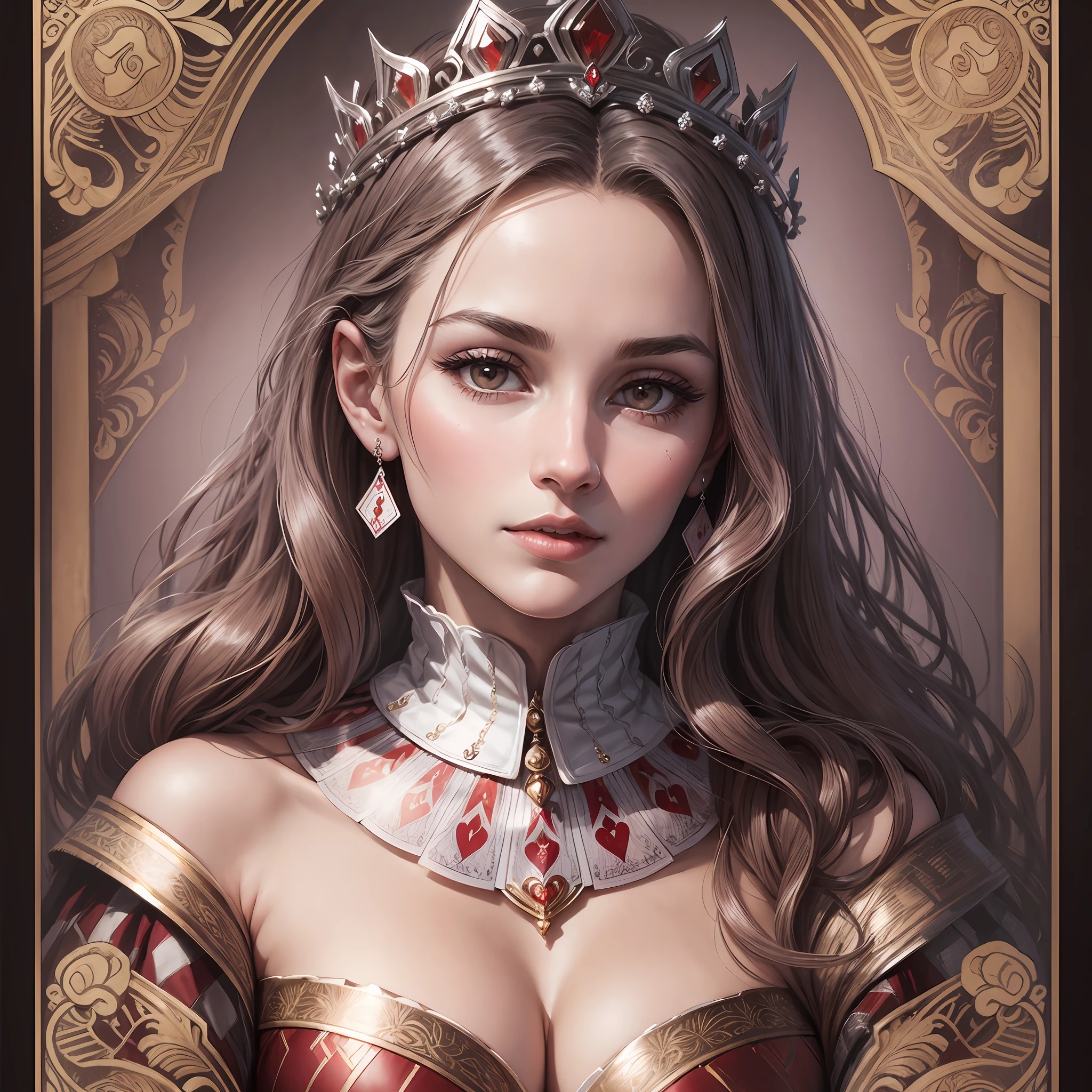 a very beautiful queen, (beautiful neckline) illustrated inside a playing card(Queen of Heart), ultra realistic, reticulated image, high resolution --auto --s2